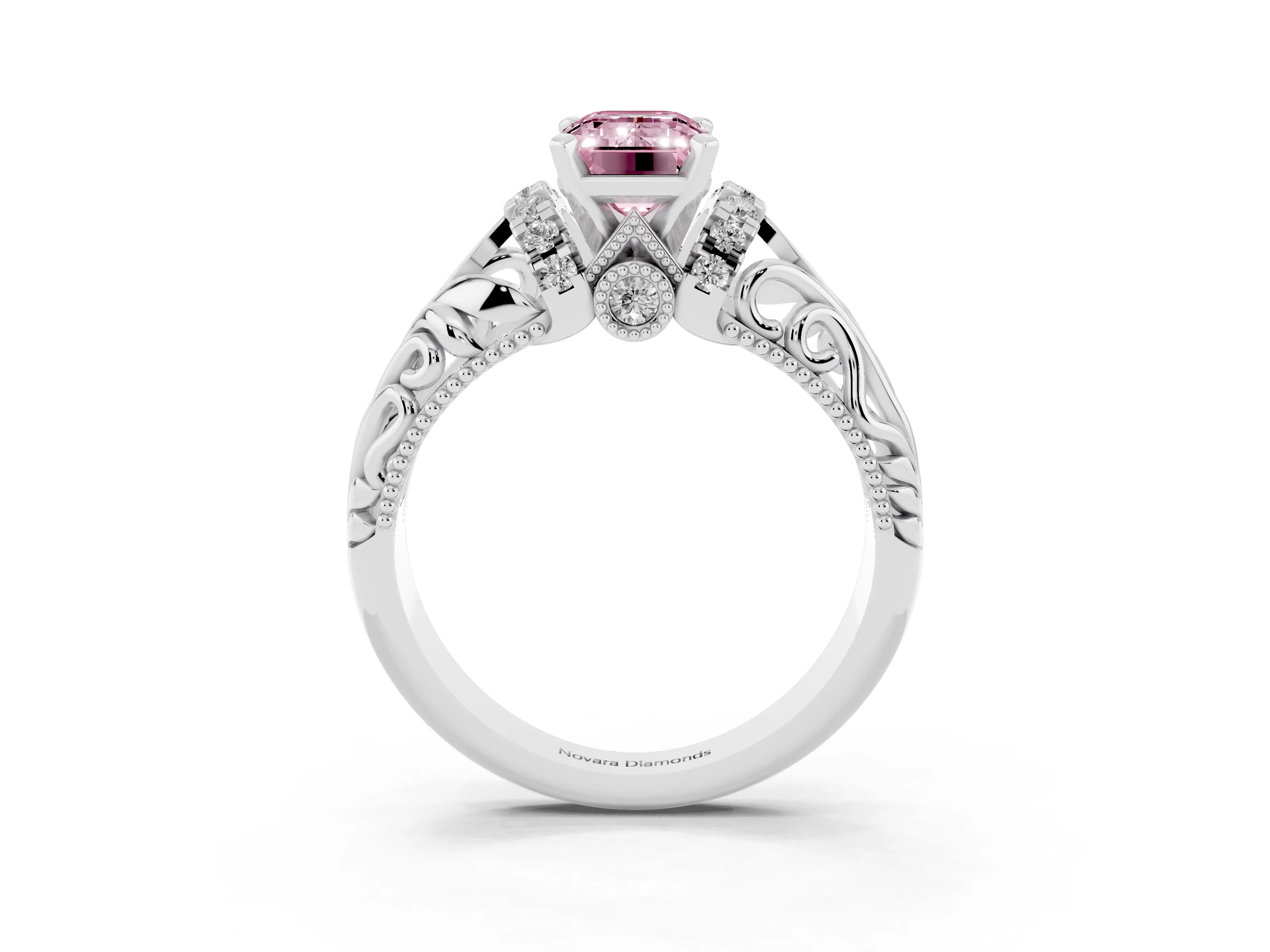 Fancy Pink Emerald Cut Diamond Filigree Halo Engagement Ring Set in White gold with Prong Setting