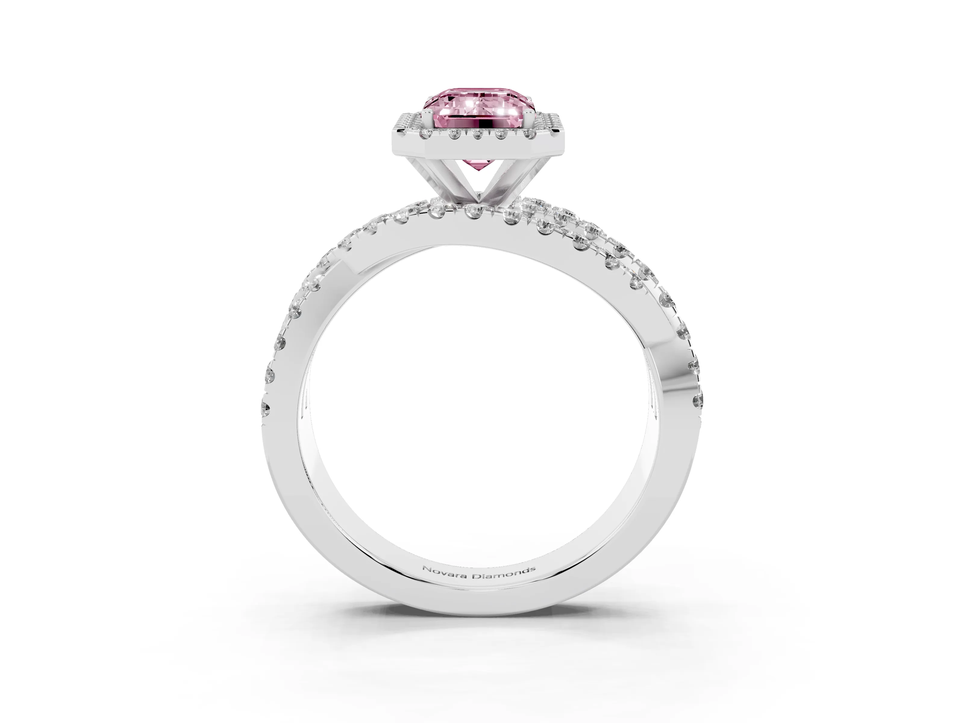 Fancy Pink Emerald Cut Diamond Halo Ring Set in Platinum with Round Crossover Split Shank and Prong Setting