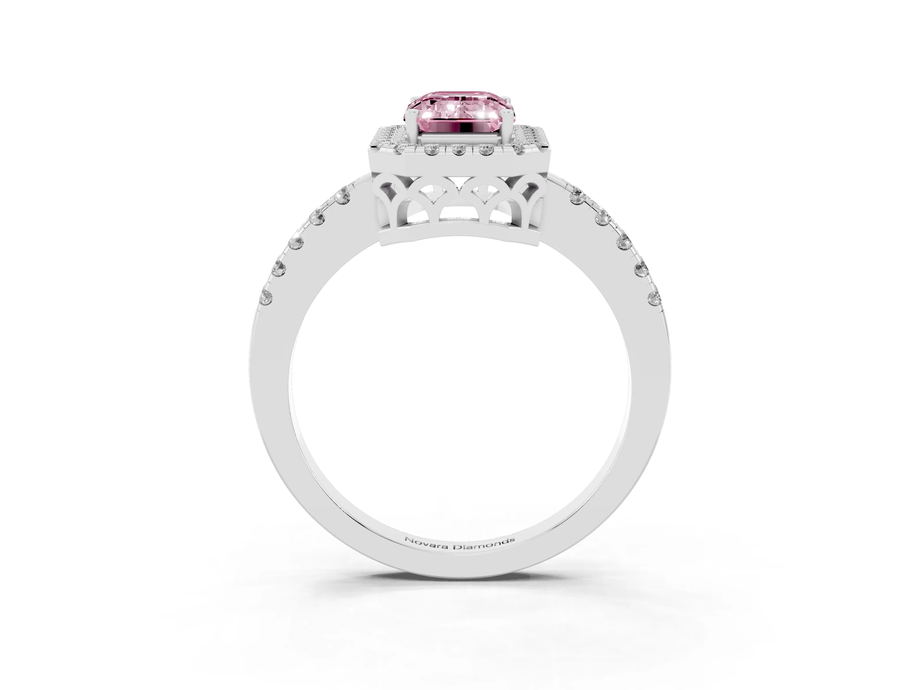 Fancy Pink Emerald Cut Diamond Pavé Band Halo Engagement Ring Set in Silver with Prong Setting