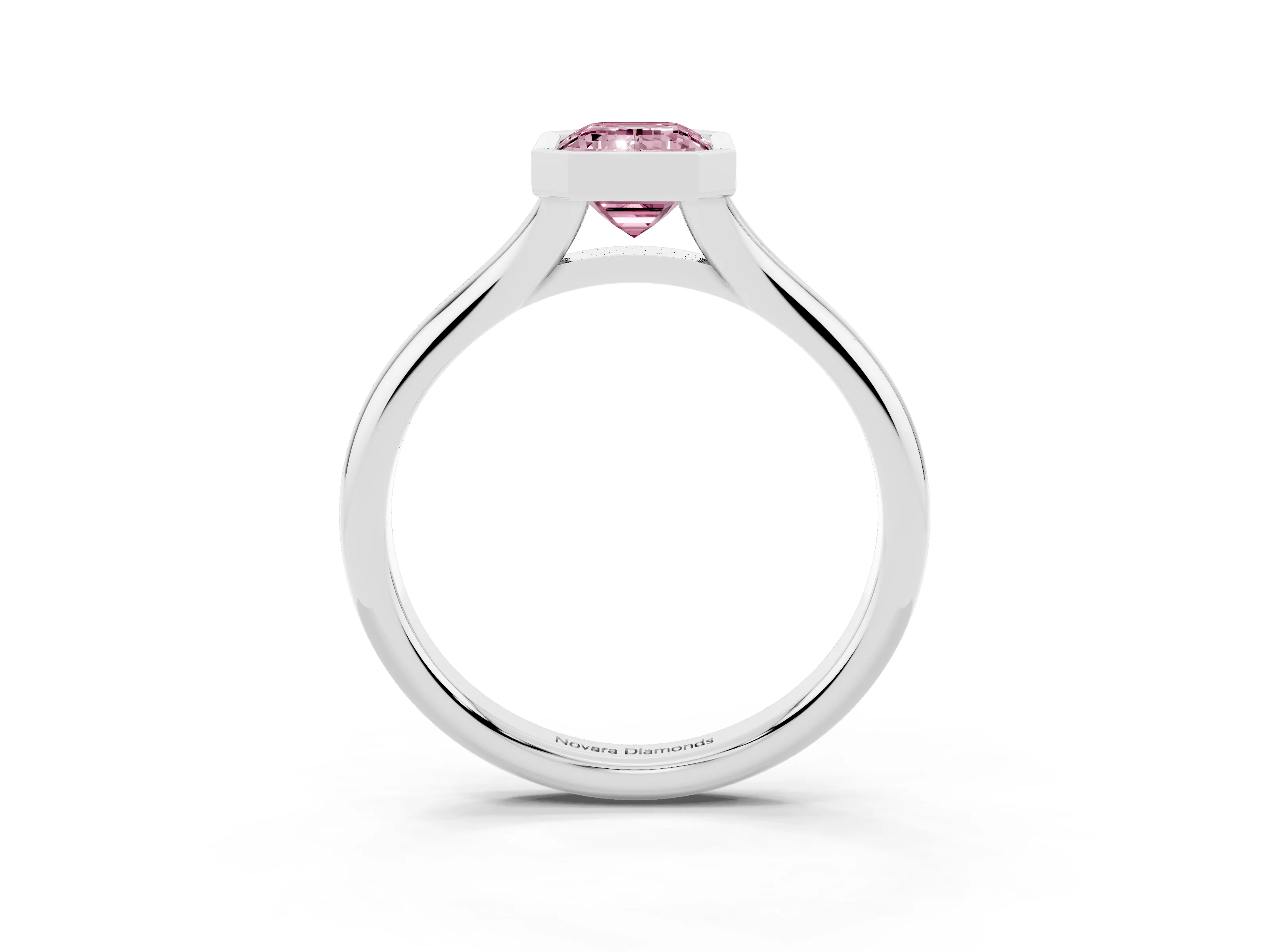 Fancy Pink Bezel Set Emerald Cut Diamond Solitaire Ring Set in White gold with Smooth Band