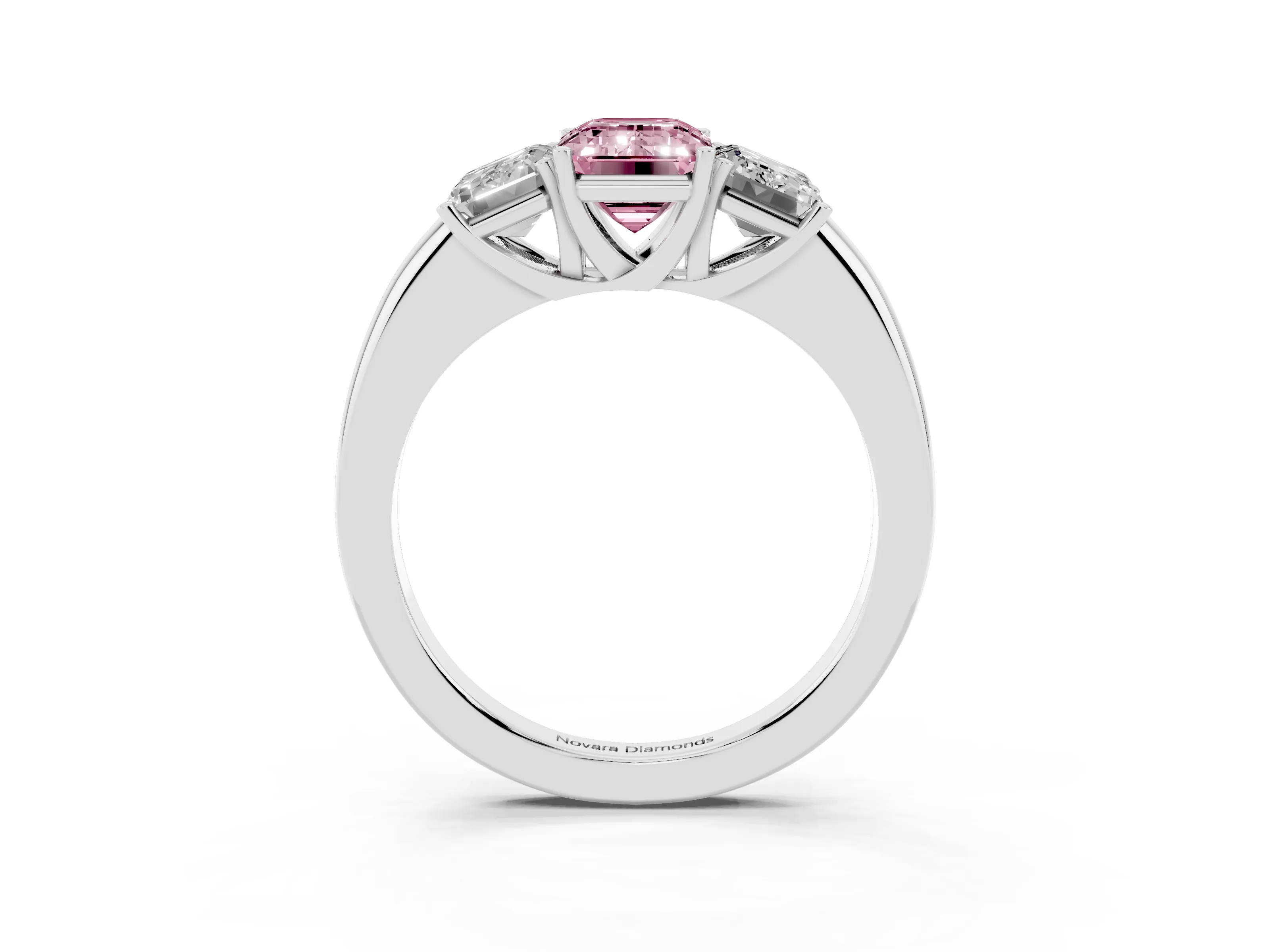 Fancy Pink Emerald Cut Diamond Three-Stone Ring Set in Silver with Bold Center and Classic Band