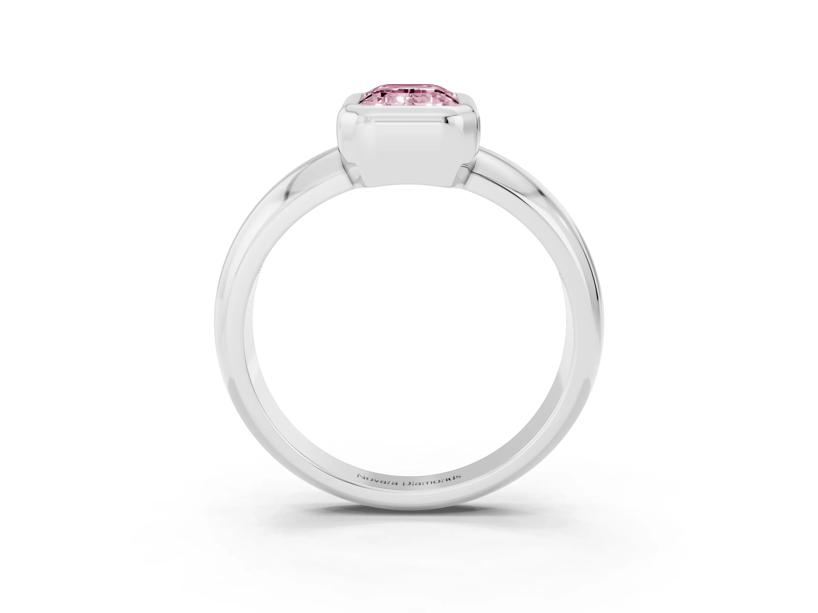 Fancy Pink Bezel Set Emerald Cut Diamond Solitaire Ring Set in Silver with Wide Band