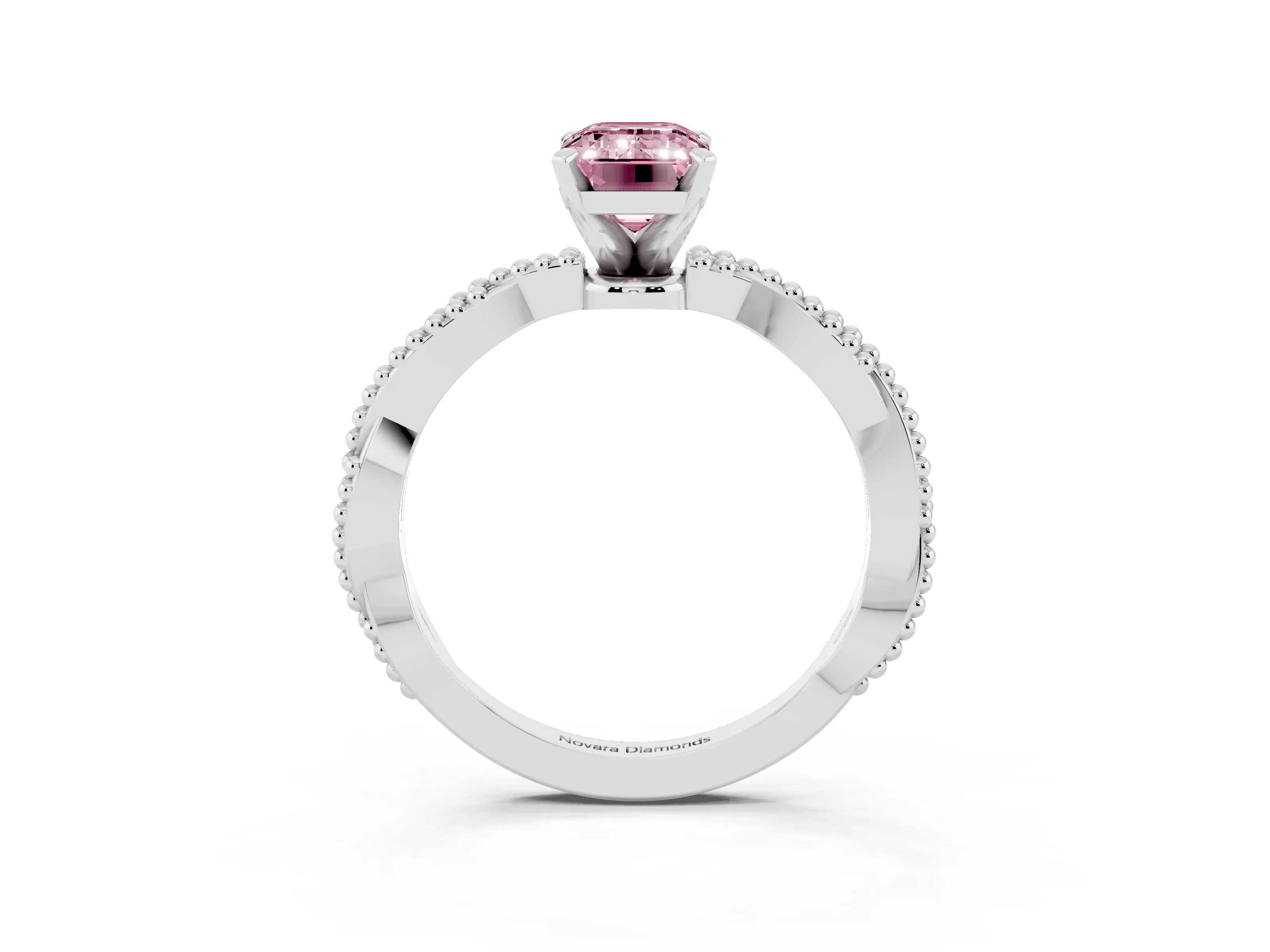 Fancy Pink Emerald Cut Diamond Solitaire Ring Set in Platinum with Twisted Band and Bead Prong Setting