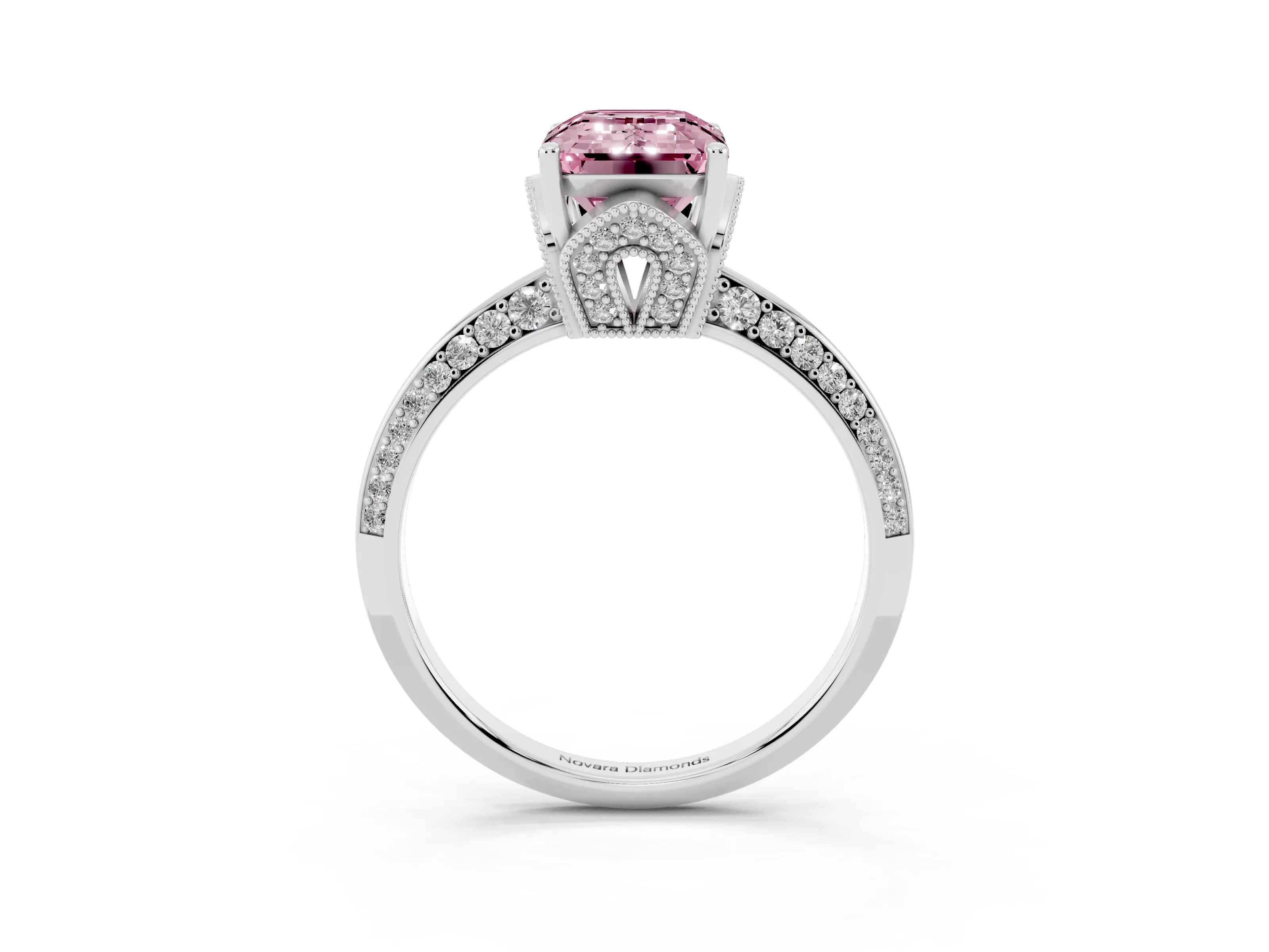 Fancy Pink Emerald Cut Diamond Solitaire Engagement Ring Set in White gold with Pavé Split Shank and Prong Setting