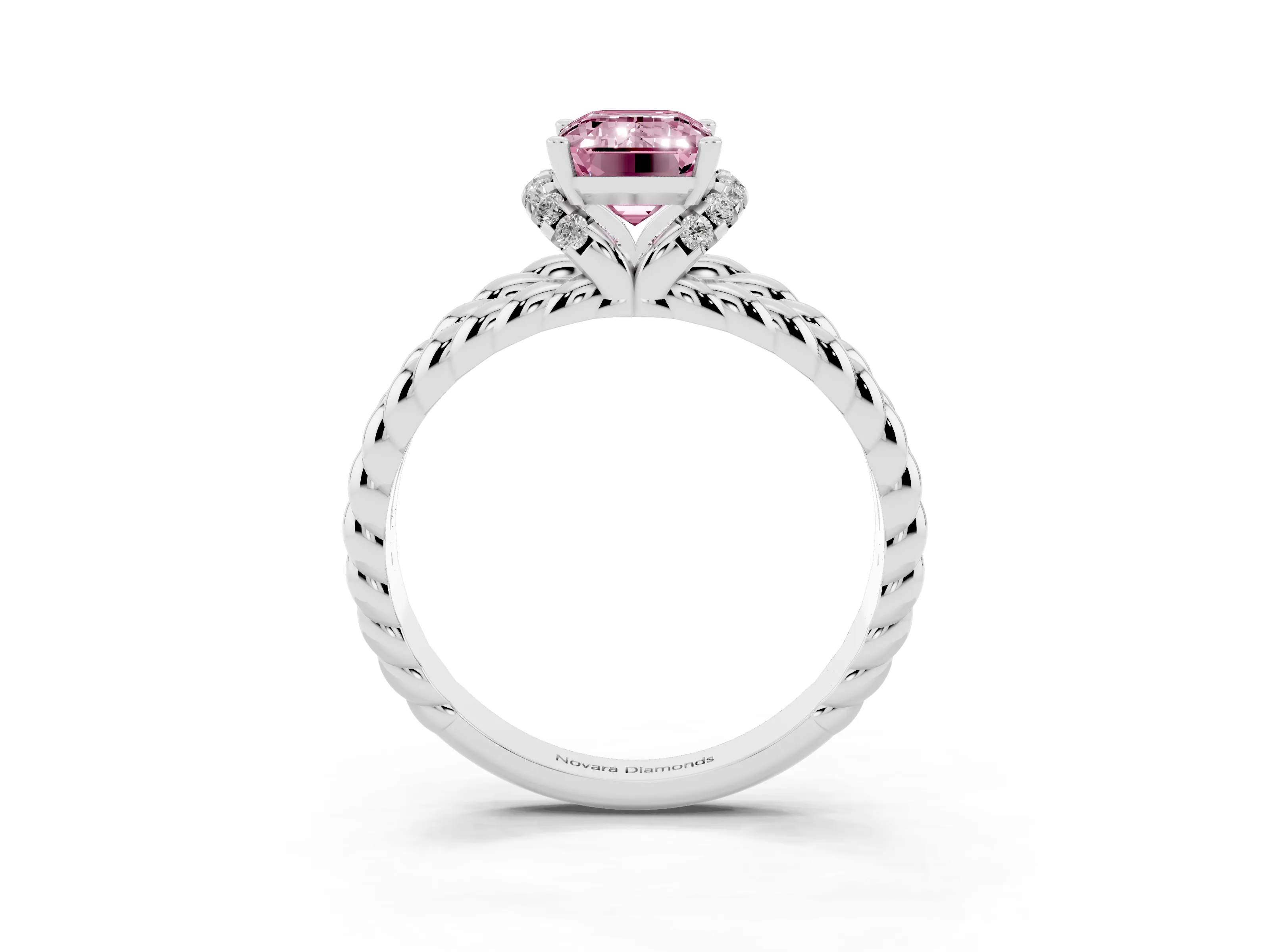 Fancy Pink Emerald Cut Diamond Halo Ring Set in White gold with Twisted Band and Prong Setting