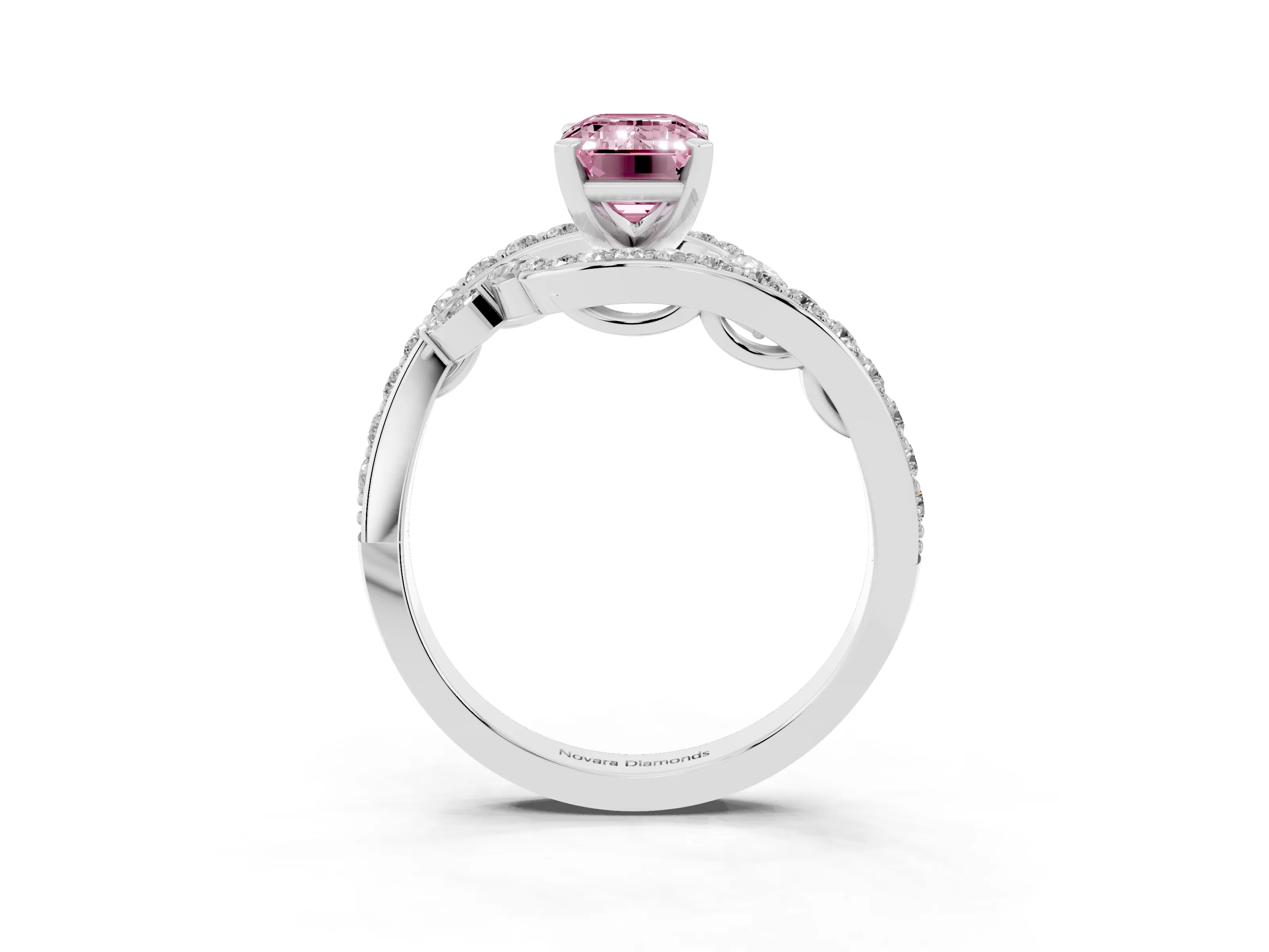Fancy Pink Emerald Cut Diamond Solitaire Ring Set in Silver with Pavé Twist Band and Secure Prong Setting