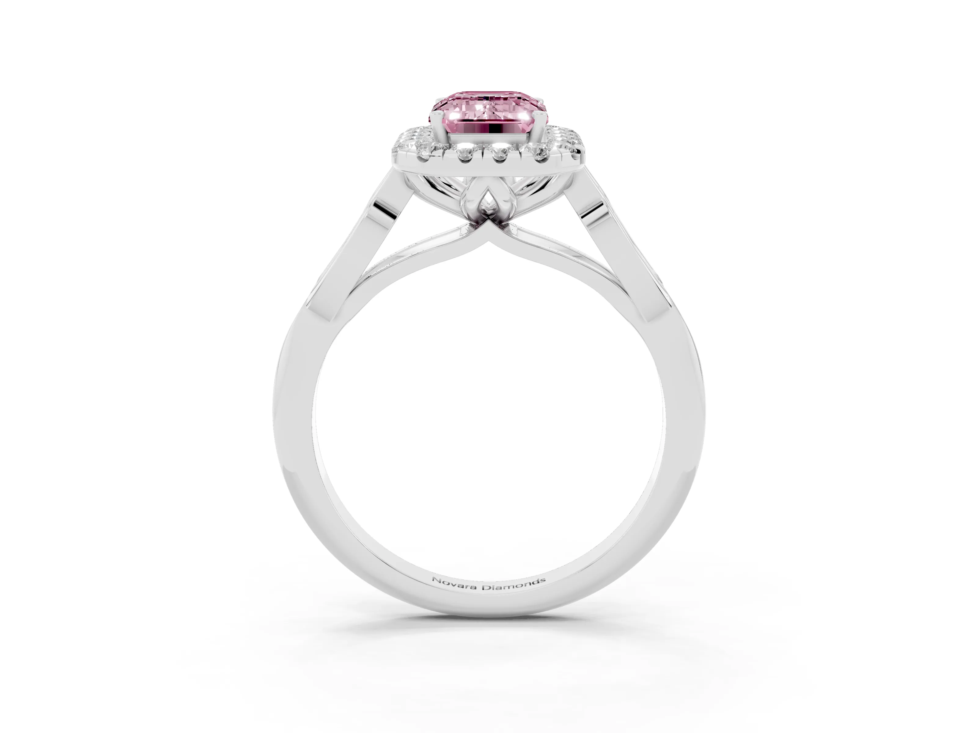 Fancy Pink Emerald Cut Diamond Halo Engagement Ring Set in Platinum with Filigree Band and Prong-Set Center
