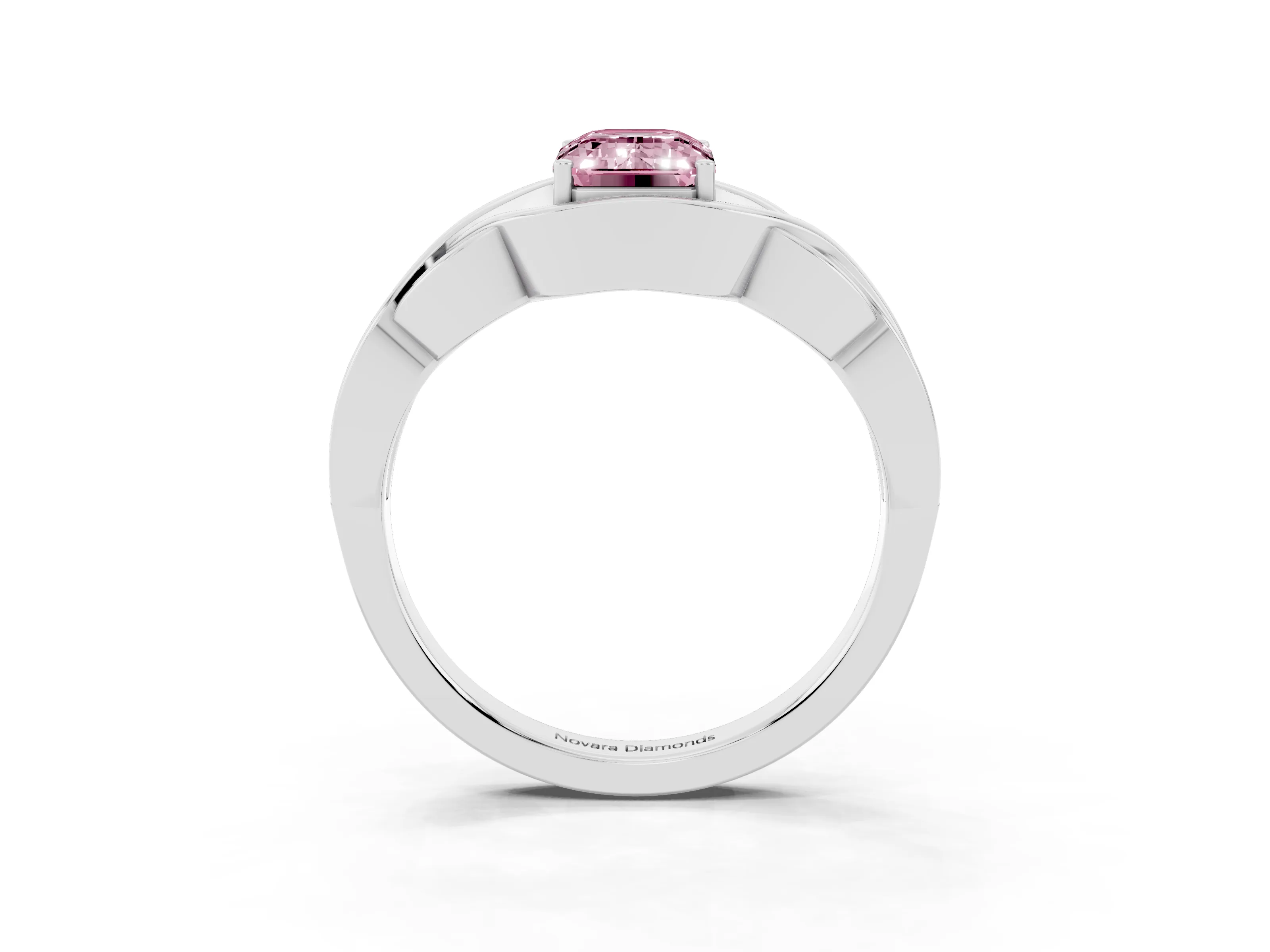 Fancy Pink Emerald Cut Diamond Solitaire Ring Set in Platinum with Intertwined Band
