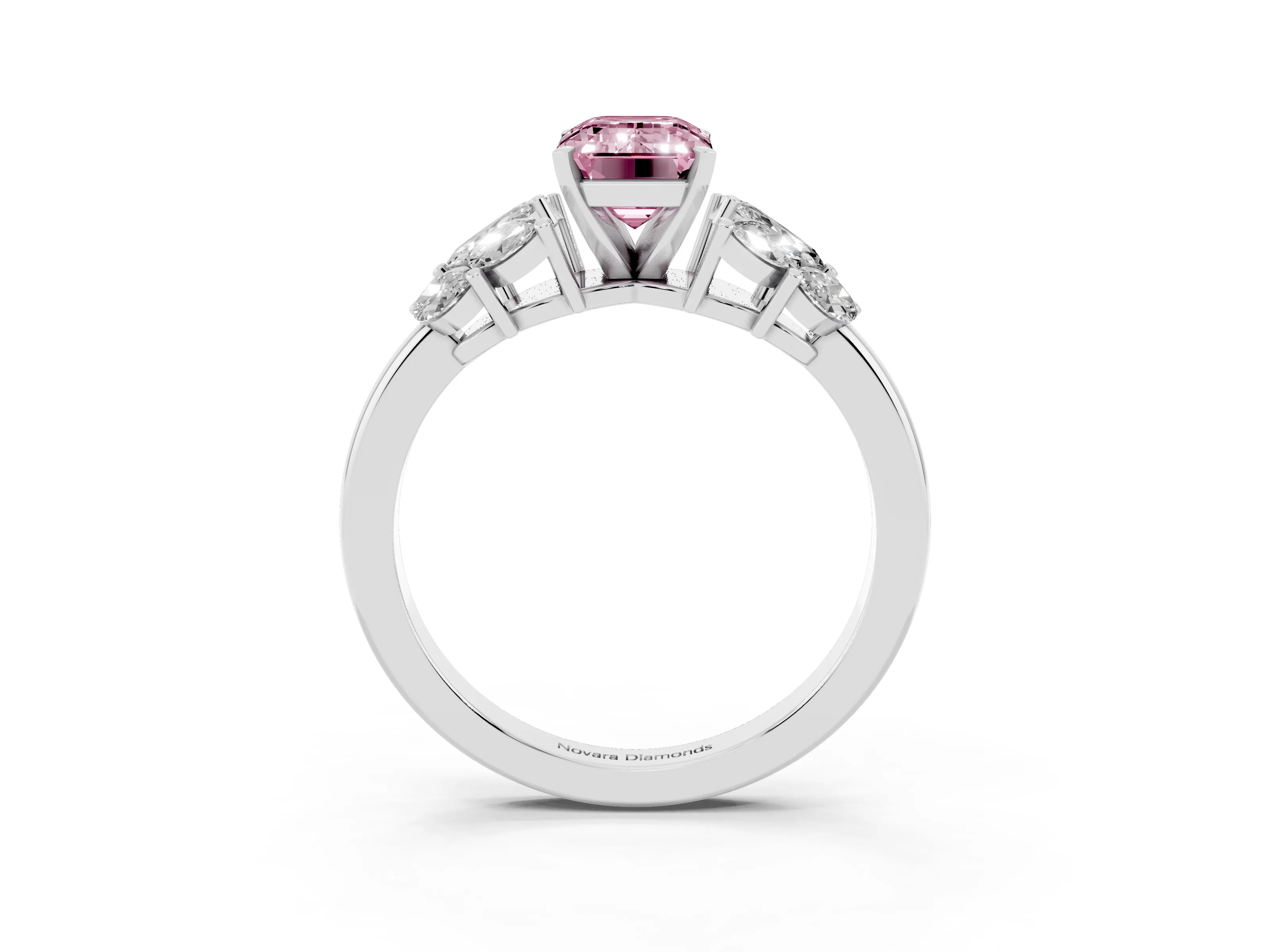 Fancy Pink Emerald Cut Diamond Cluster Leaf Design Ring Set in Platinum with Prong Setting