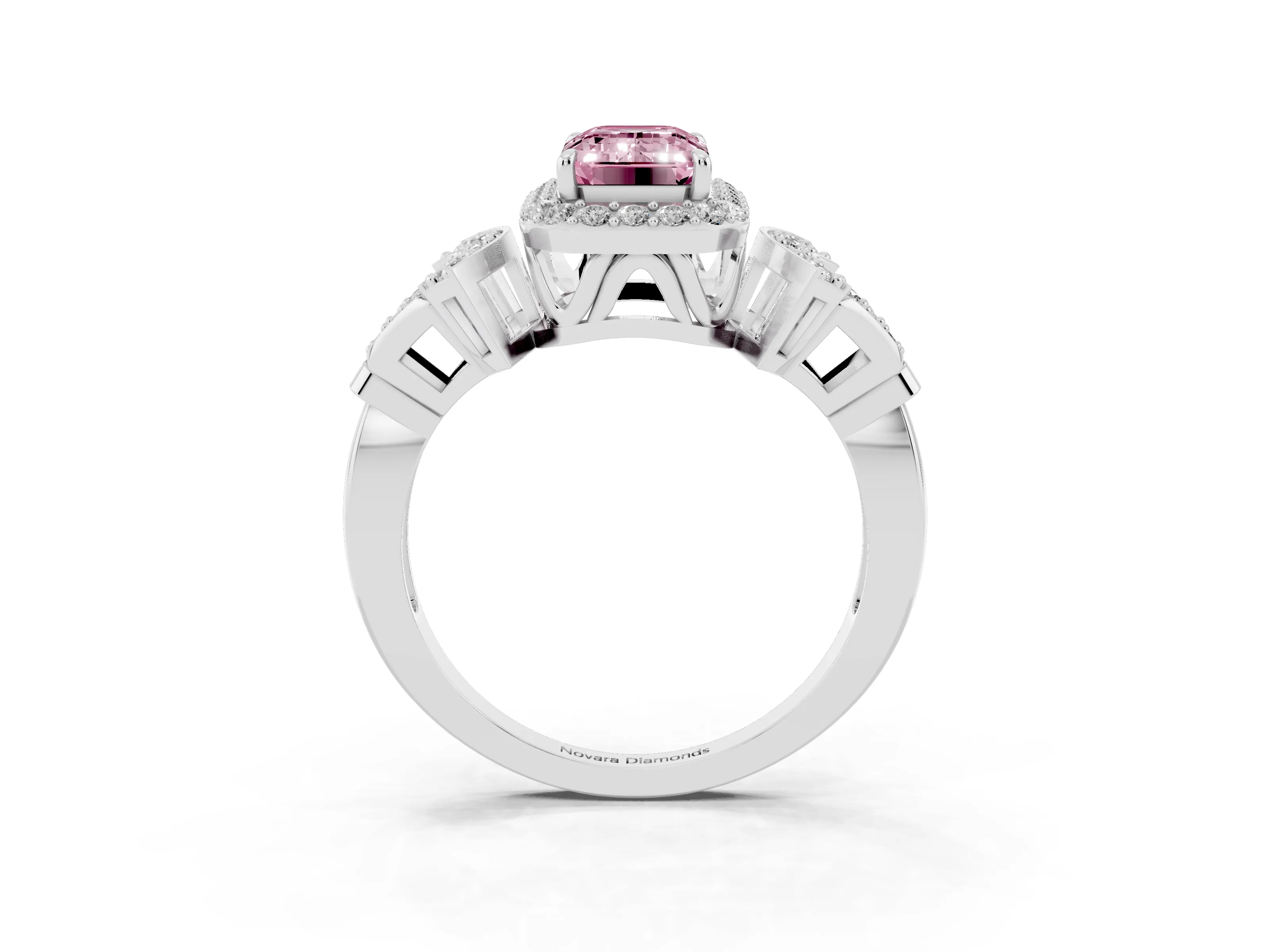 Fancy Pink Emerald Cut Diamond Halo Engagement Ring Set in Silver with Accent Stone Split Shank