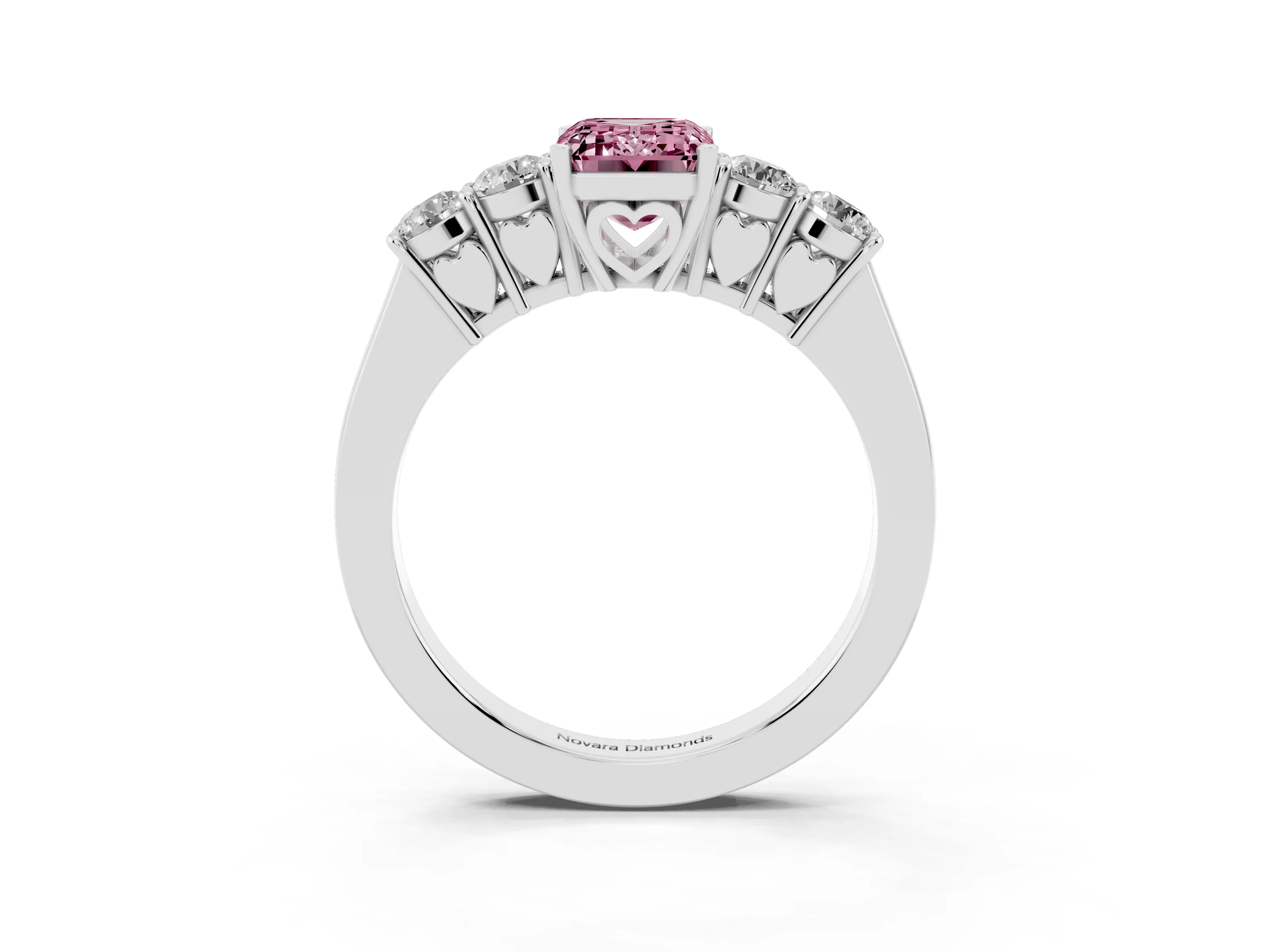 Fancy Pink Emerald Cut Diamond Five-Stone Prong Set Band Ring Set in Platinum with Polished Band