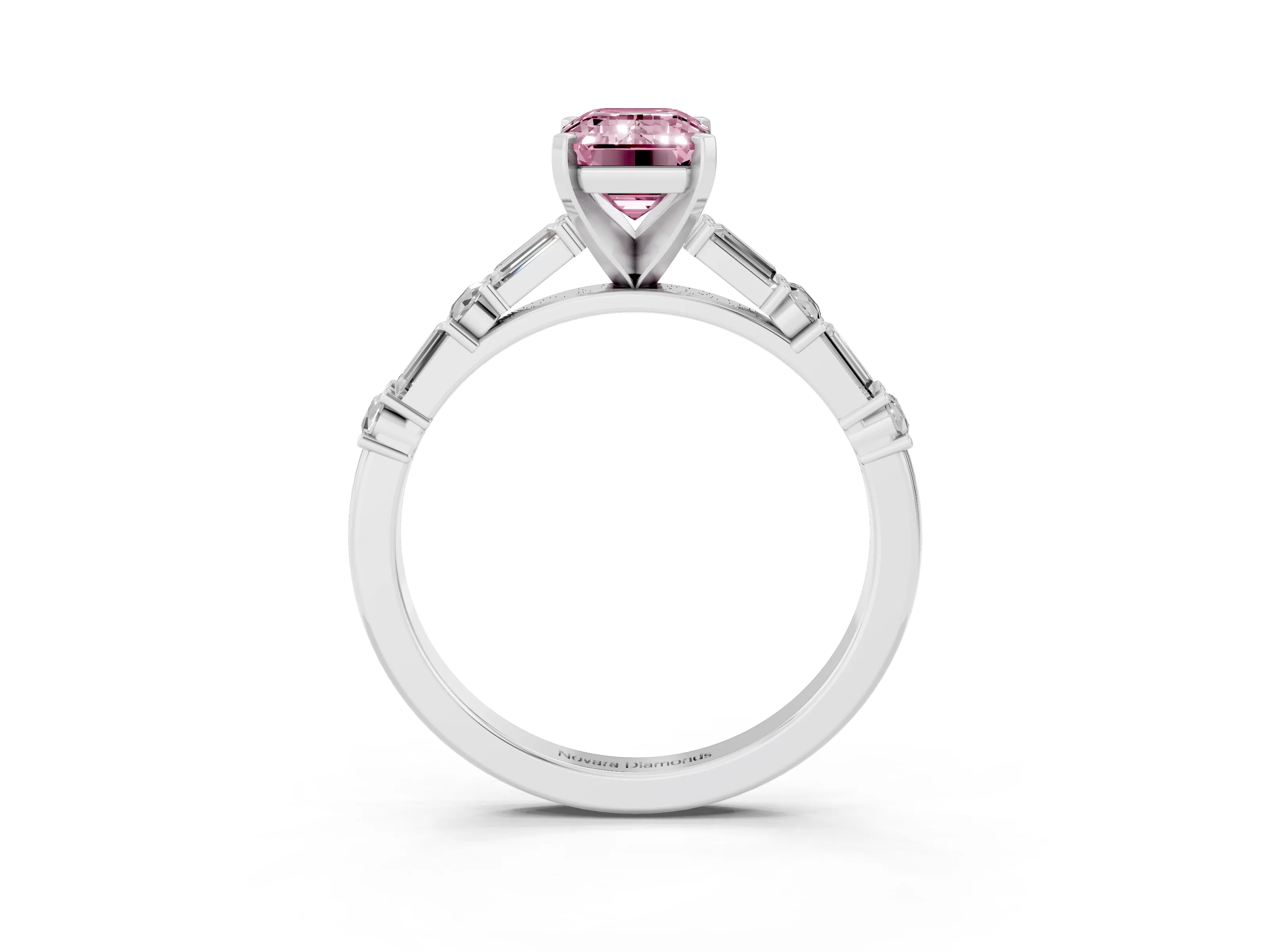 Fancy Pink Emerald Cut Diamond Solitaire Set in Platinum with Side Baguettes and Channel Set Band