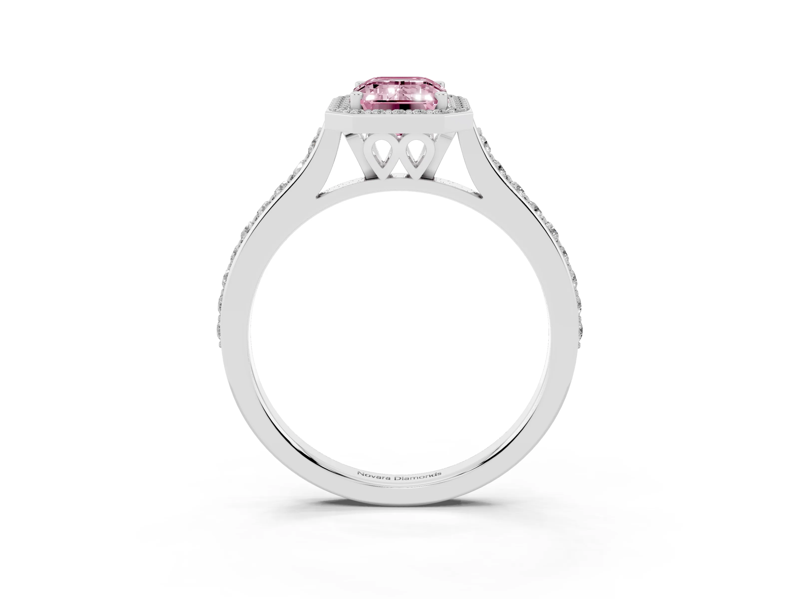 Fancy Pink Emerald Cut Diamond Halo Engagement Ring Set in White gold with Round Pavé Shoulders and Heart Gallery