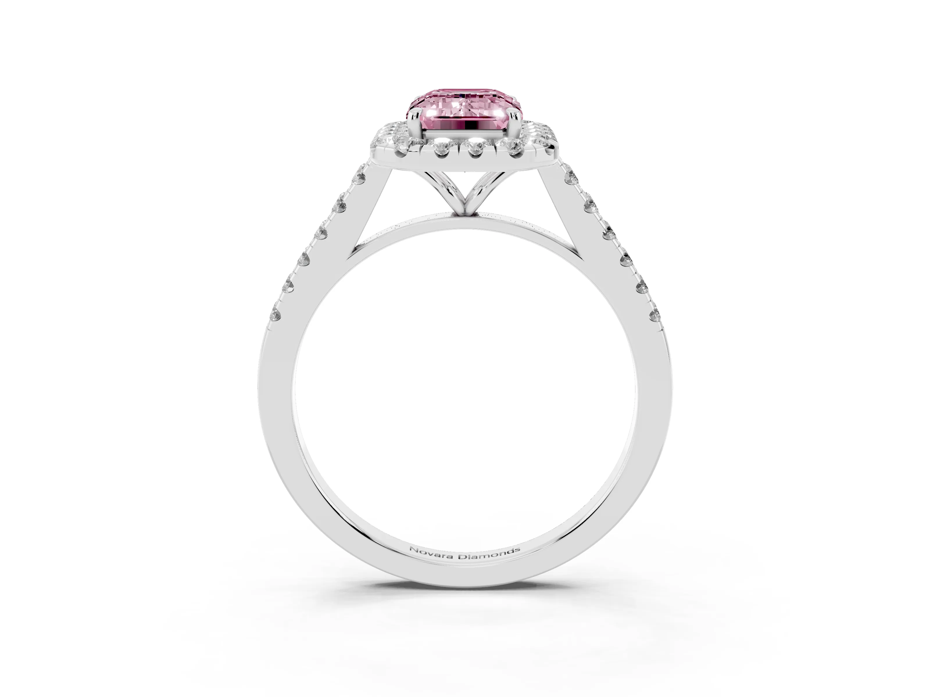 Fancy Pink Emerald Cut Diamond Halo Pavé Engagement Ring Set in Silver with Prong Setting