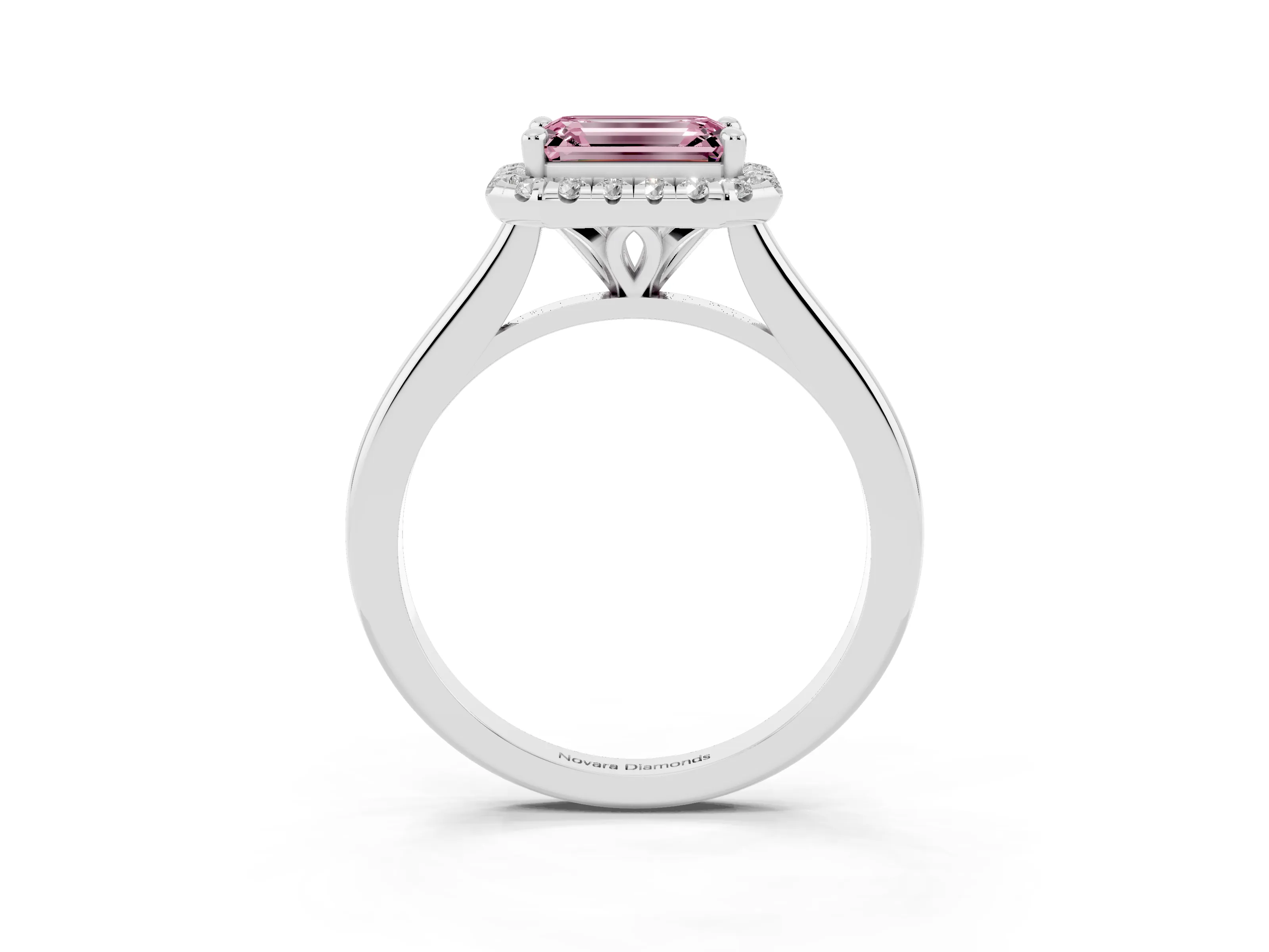 Fancy Pink Emerald Cut Diamond Halo Engagement Ring Set in White gold with Pavé Band and Rising Shoulders