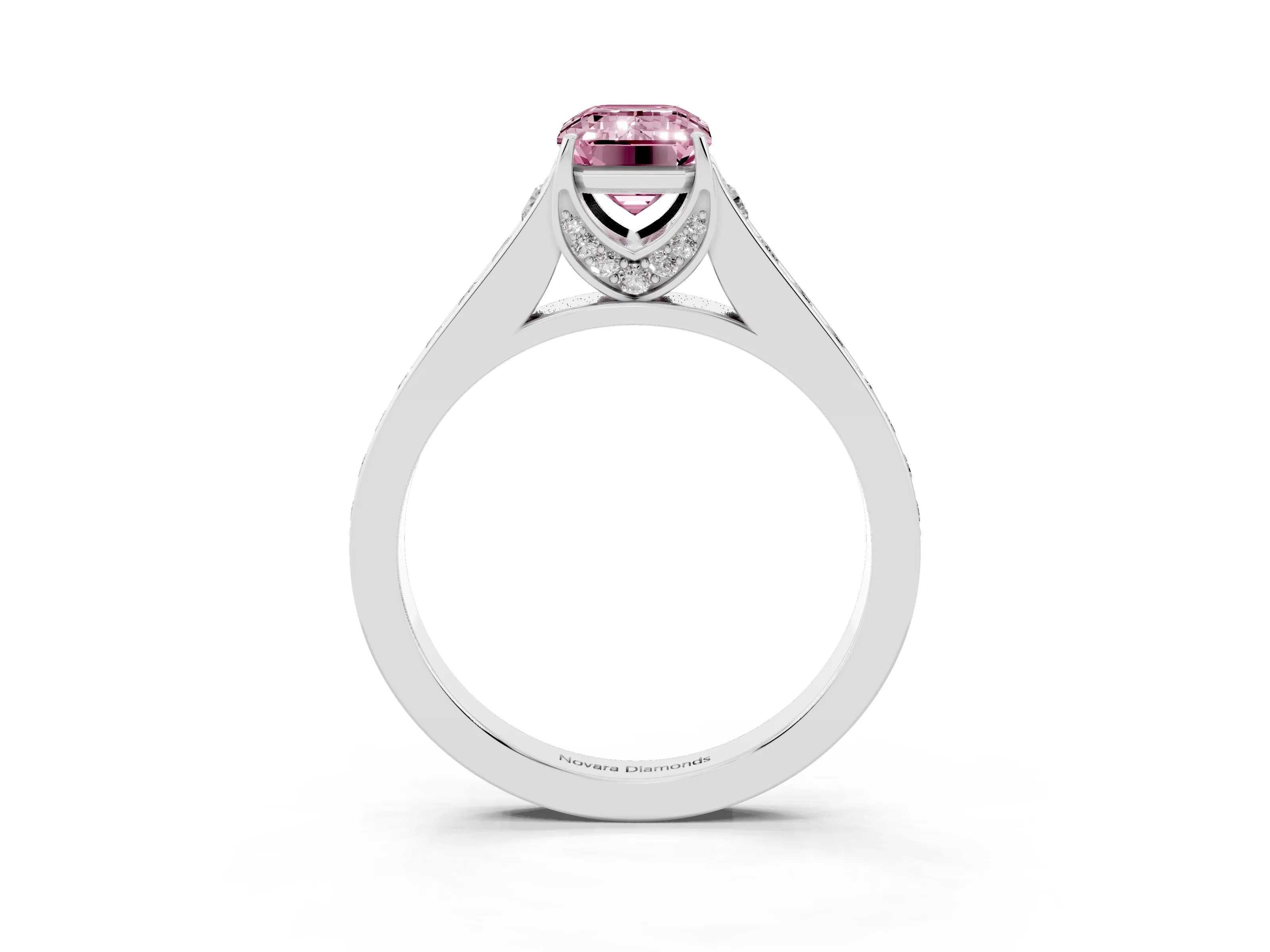 Fancy Pink Emerald Cut Diamond Solitaire Pavé Engagement Ring Set in White gold with Prong Setting
