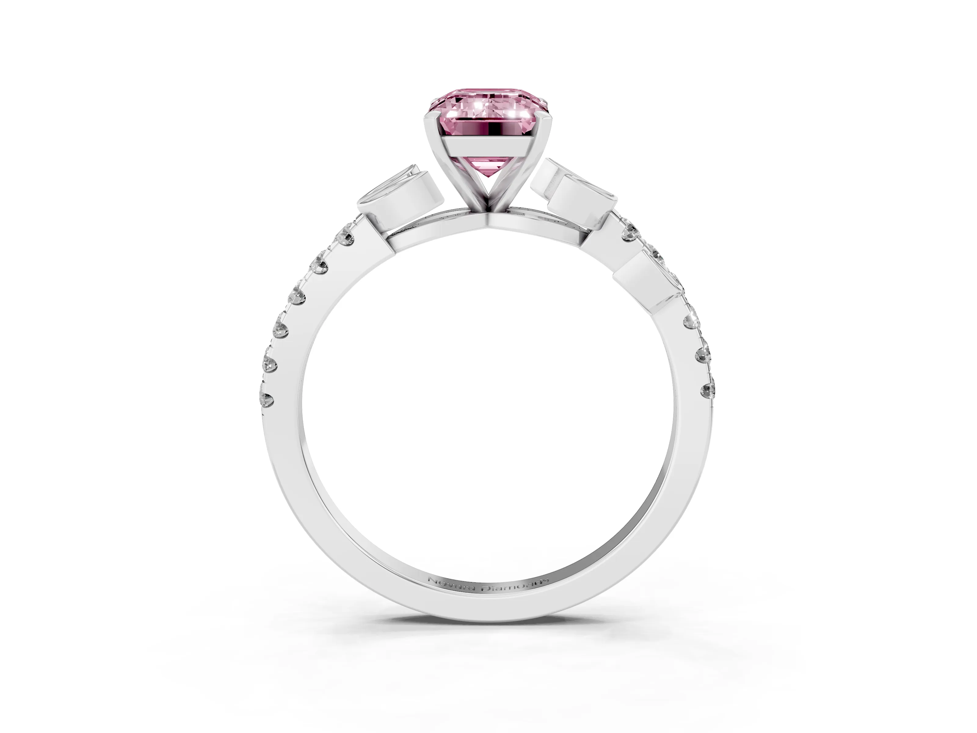 Fancy Pink Emerald Cut Diamond Solitaire Leaf-Inspired Ring Set in Platinum with Pavé Band and Prong Setting