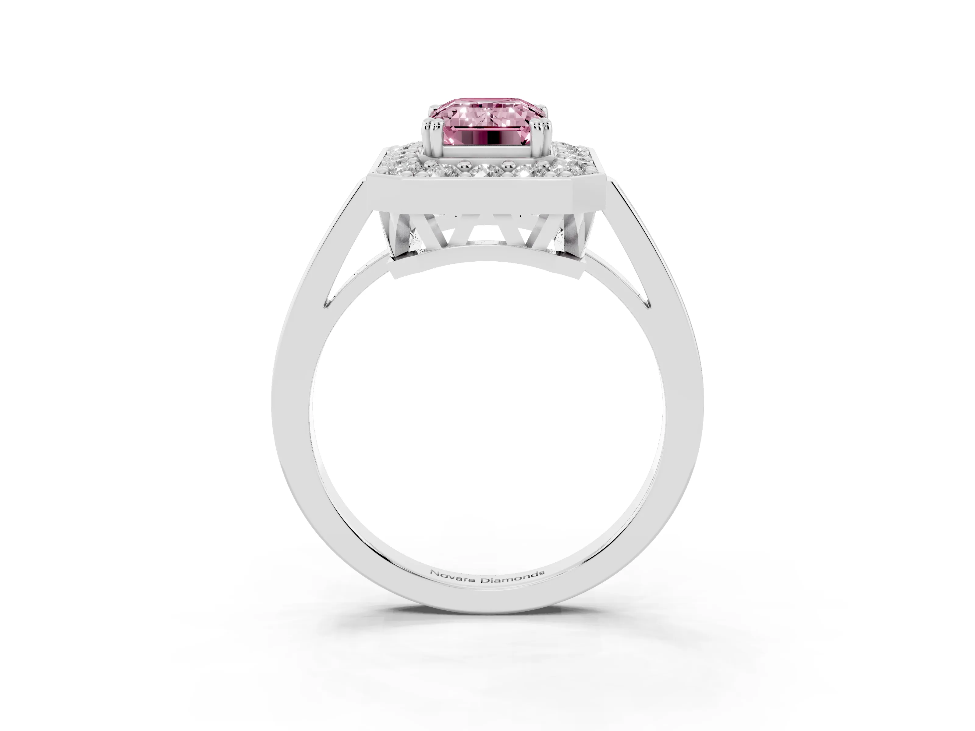 Fancy Pink Emerald Cut Diamond Halo Ring Set in White gold with Accent-Lined Split Shank and Prong Setting