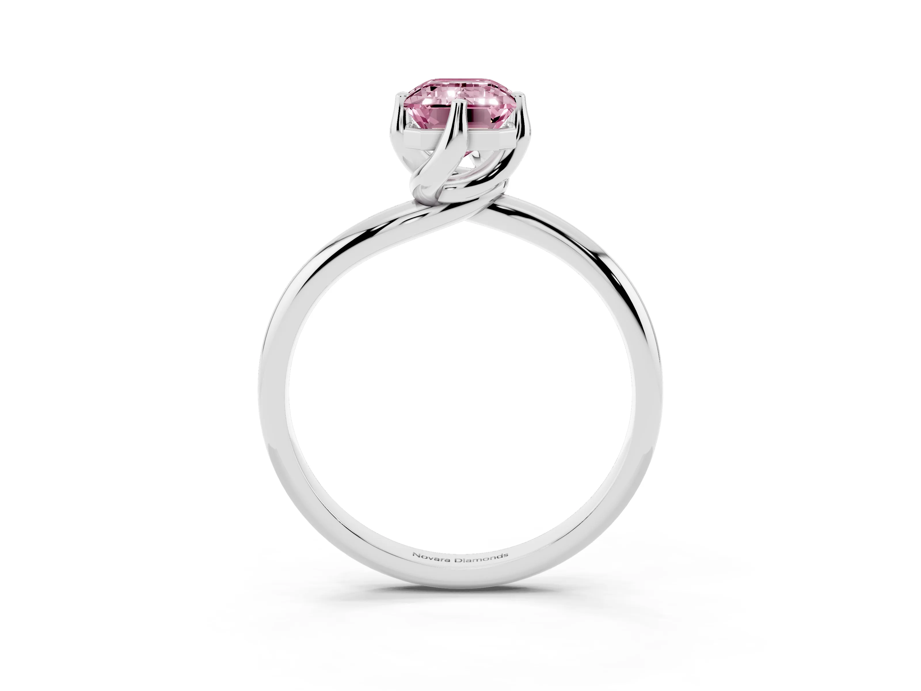 Fancy Pink Emerald Cut Diamond Solitaire Engagement Ring Set in Silver with Classic Plain Band