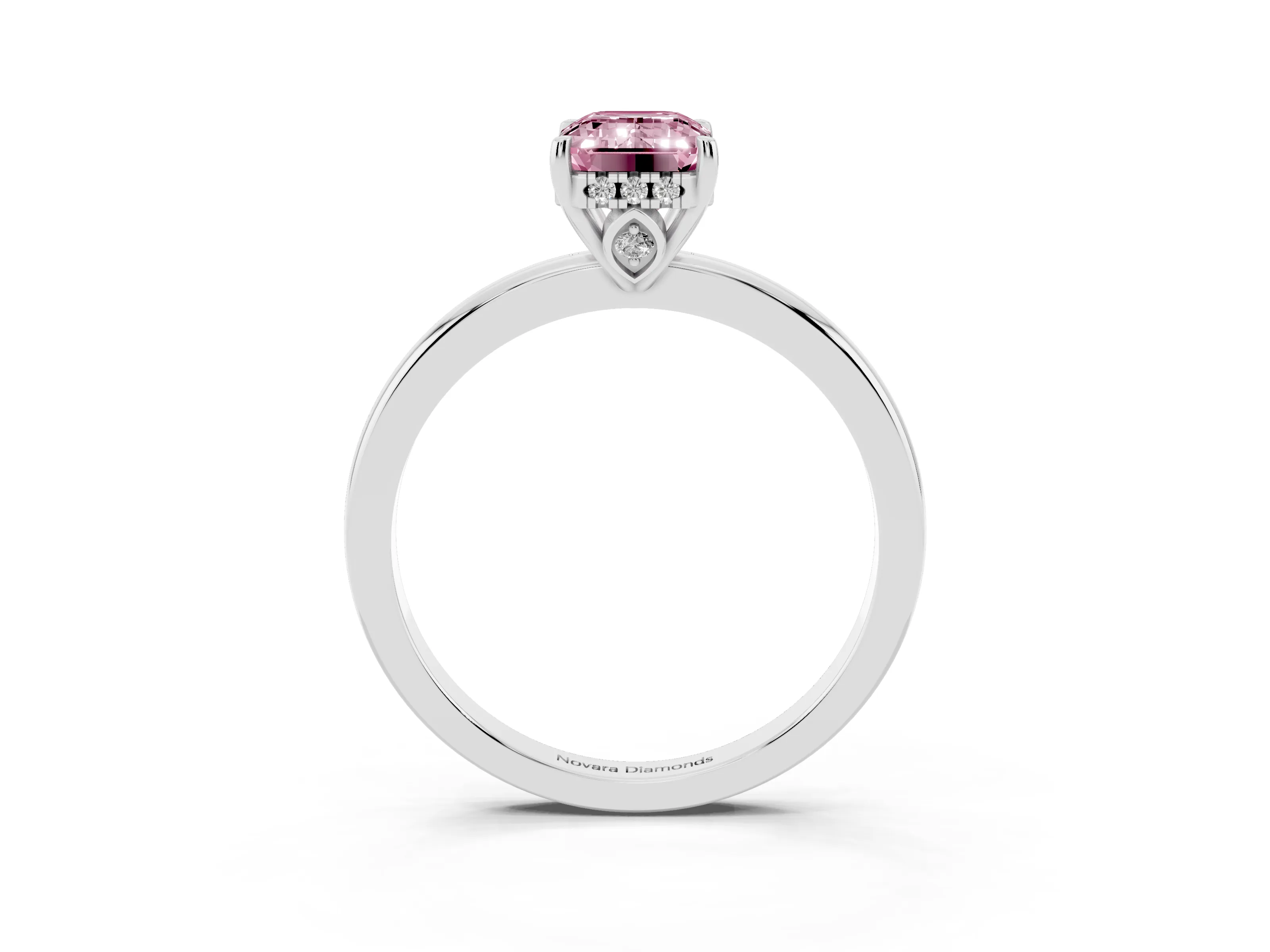 Fancy Pink Emerald Cut Diamond Solitaire Ring Set in Silver with Plain Band and Prong Setting