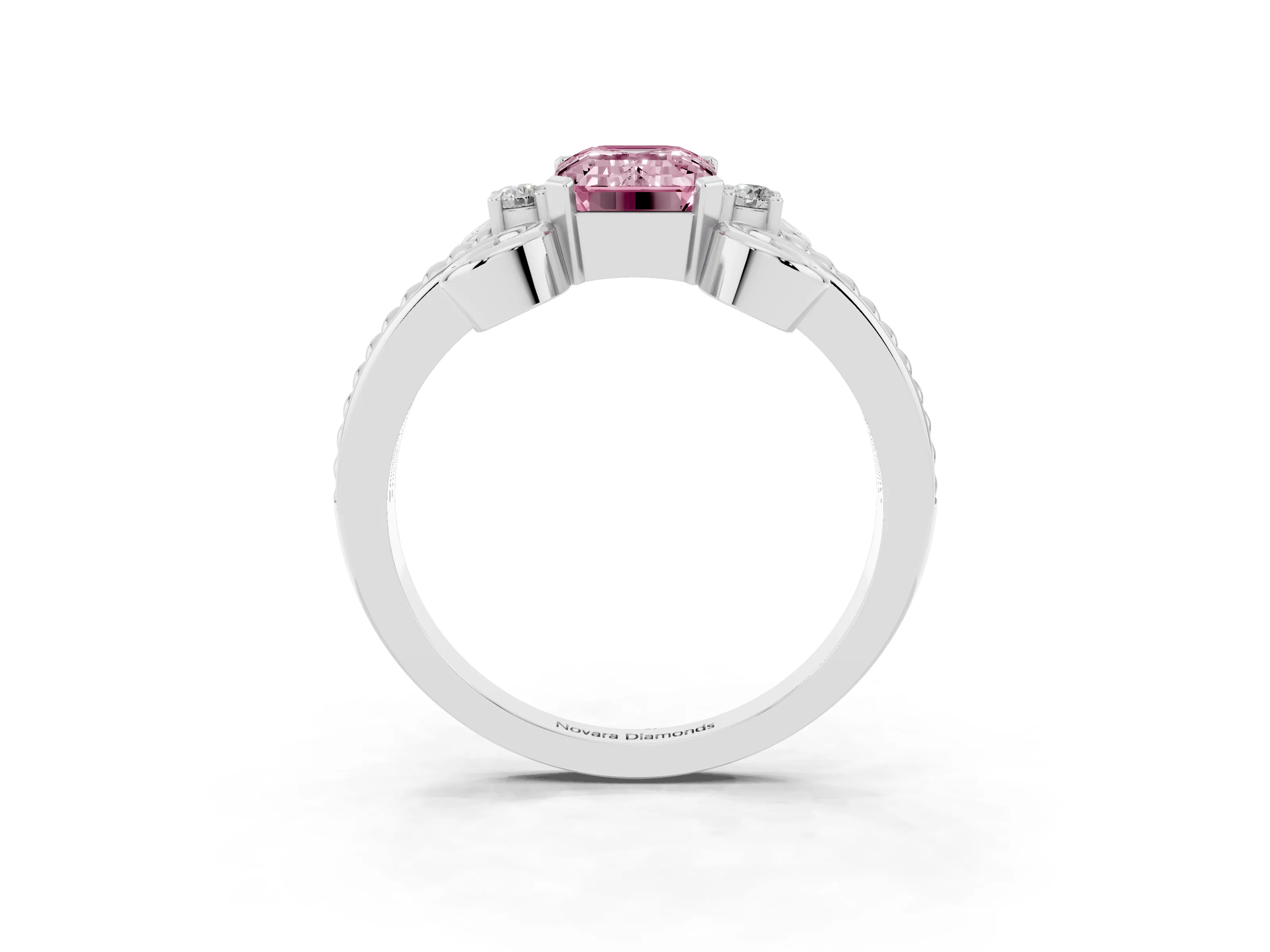 Fancy Pink Emerald Cut Diamond Twisted Band Solitaire Ring Set in Platinum with Scroll Prongs