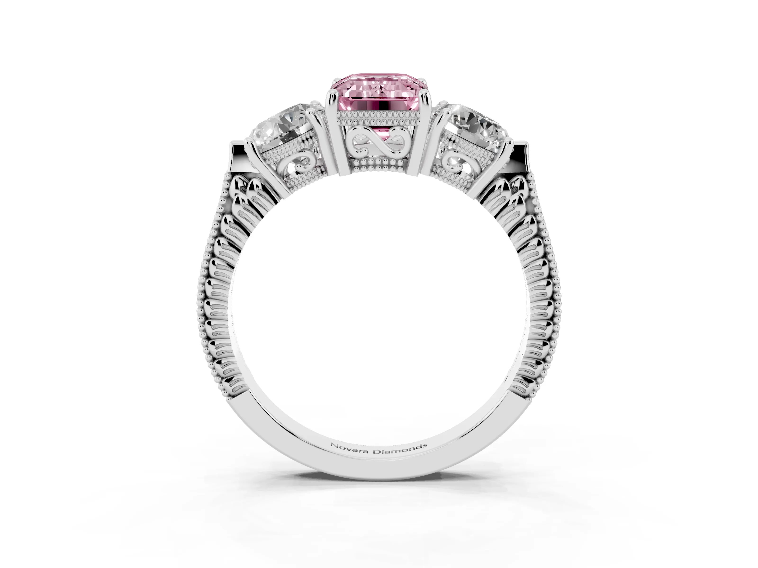 Fancy Pink Emerald Cut Diamond Three-Stone Ring Set in Silver with Milgrain Band