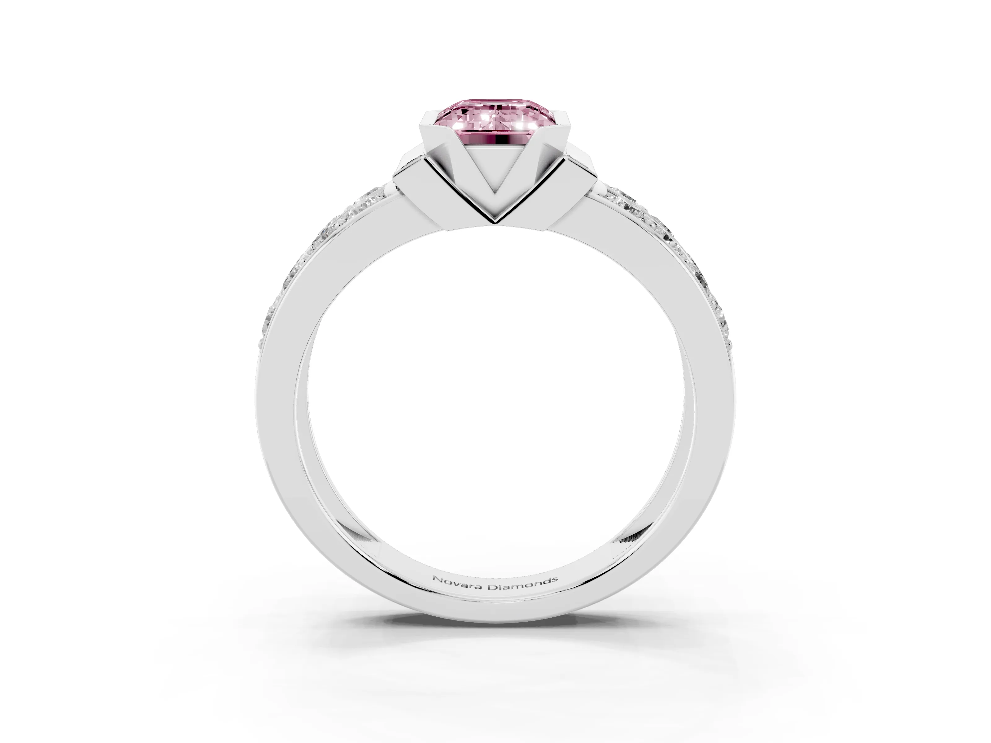 Fancy Pink Emerald Cut Diamond Wide Channel Set Band Ring Set in Silver with Bezel Setting