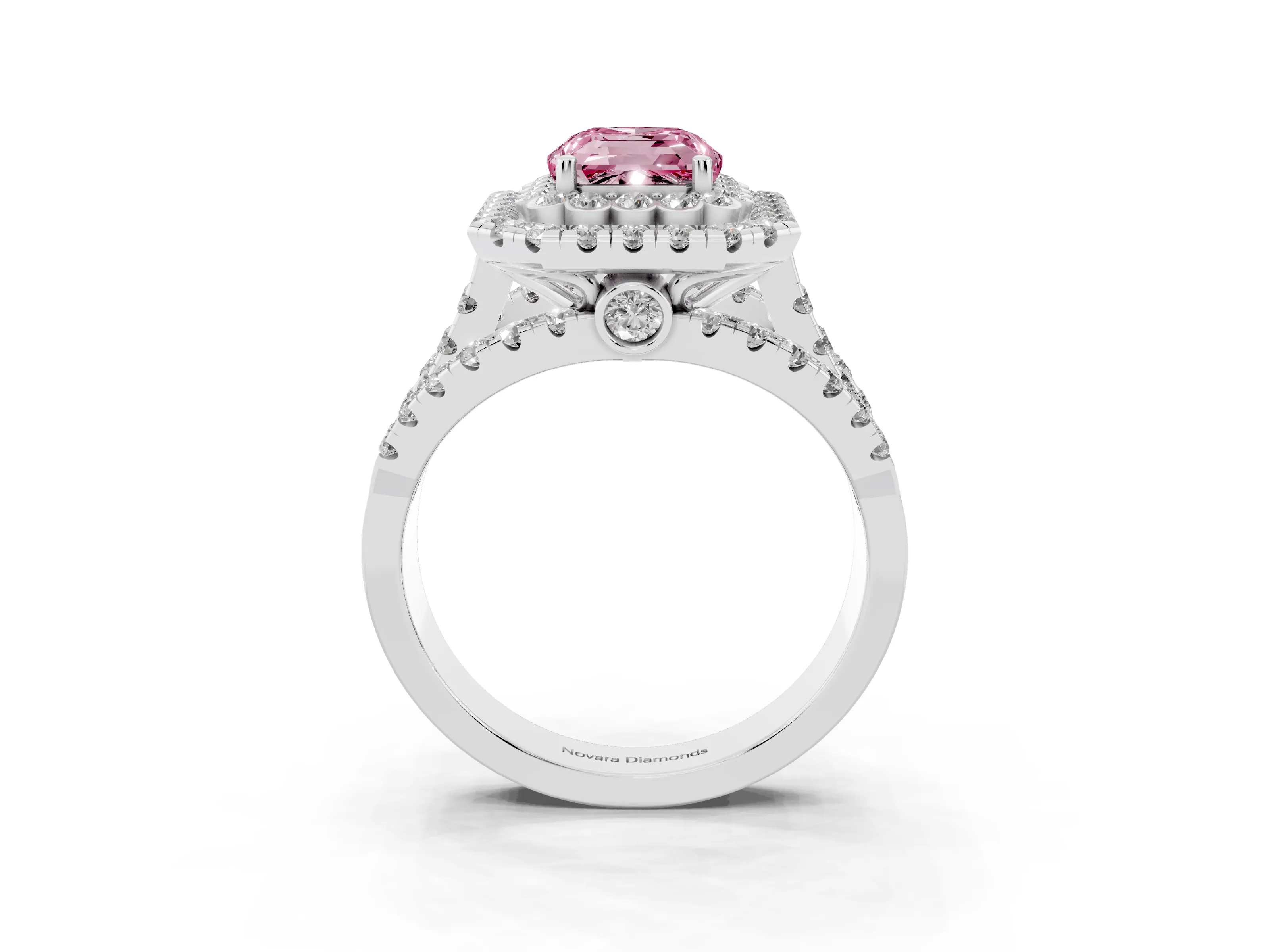 Fancy Pink Emerald Cut Diamond Double Halo Ring Set in Silver with Round Pavé Split Shank