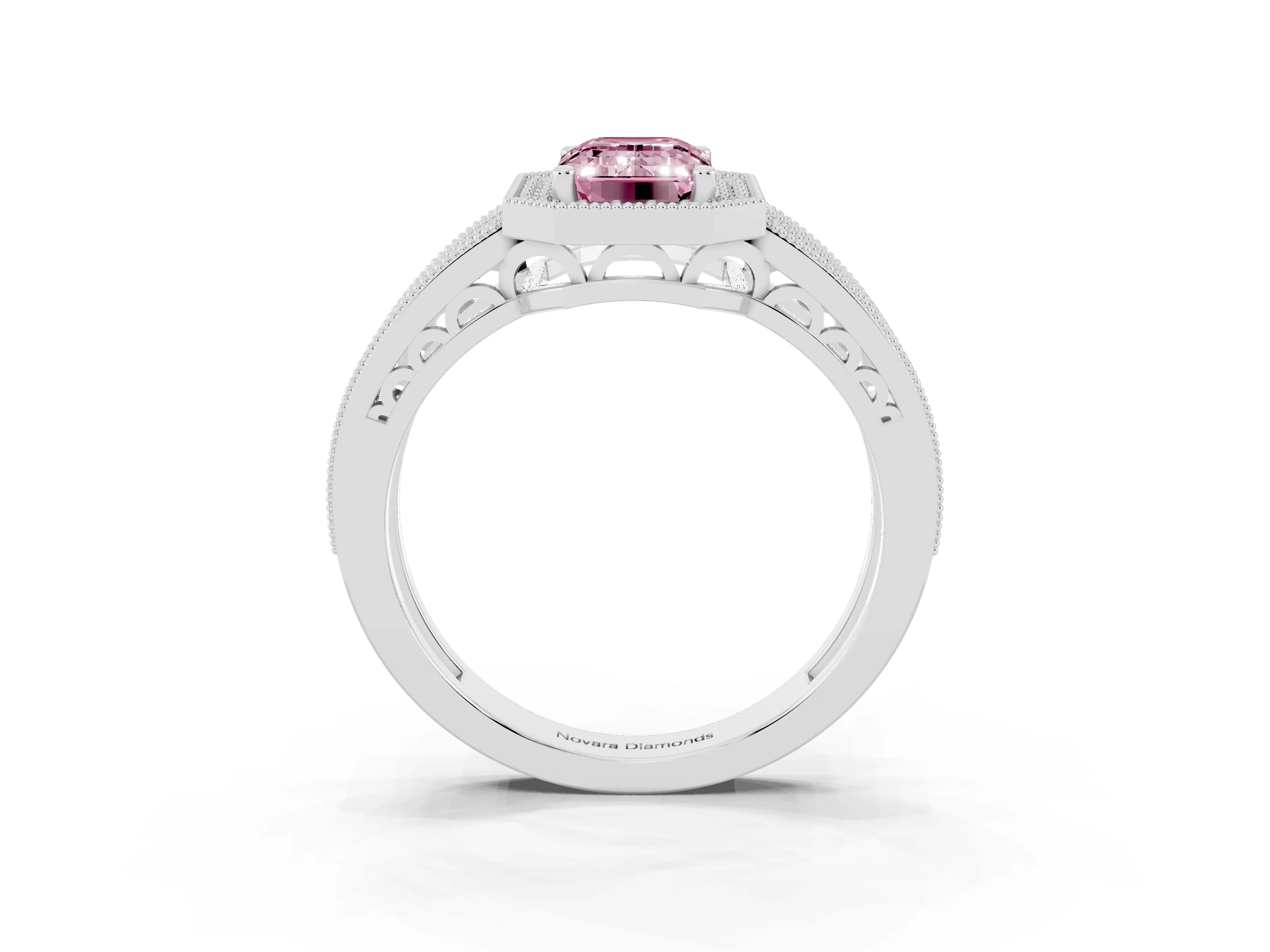 Fancy Pink Emerald Cut Diamond Halo Ring Set in Platinum with Accent Split Shank and Prong Setting