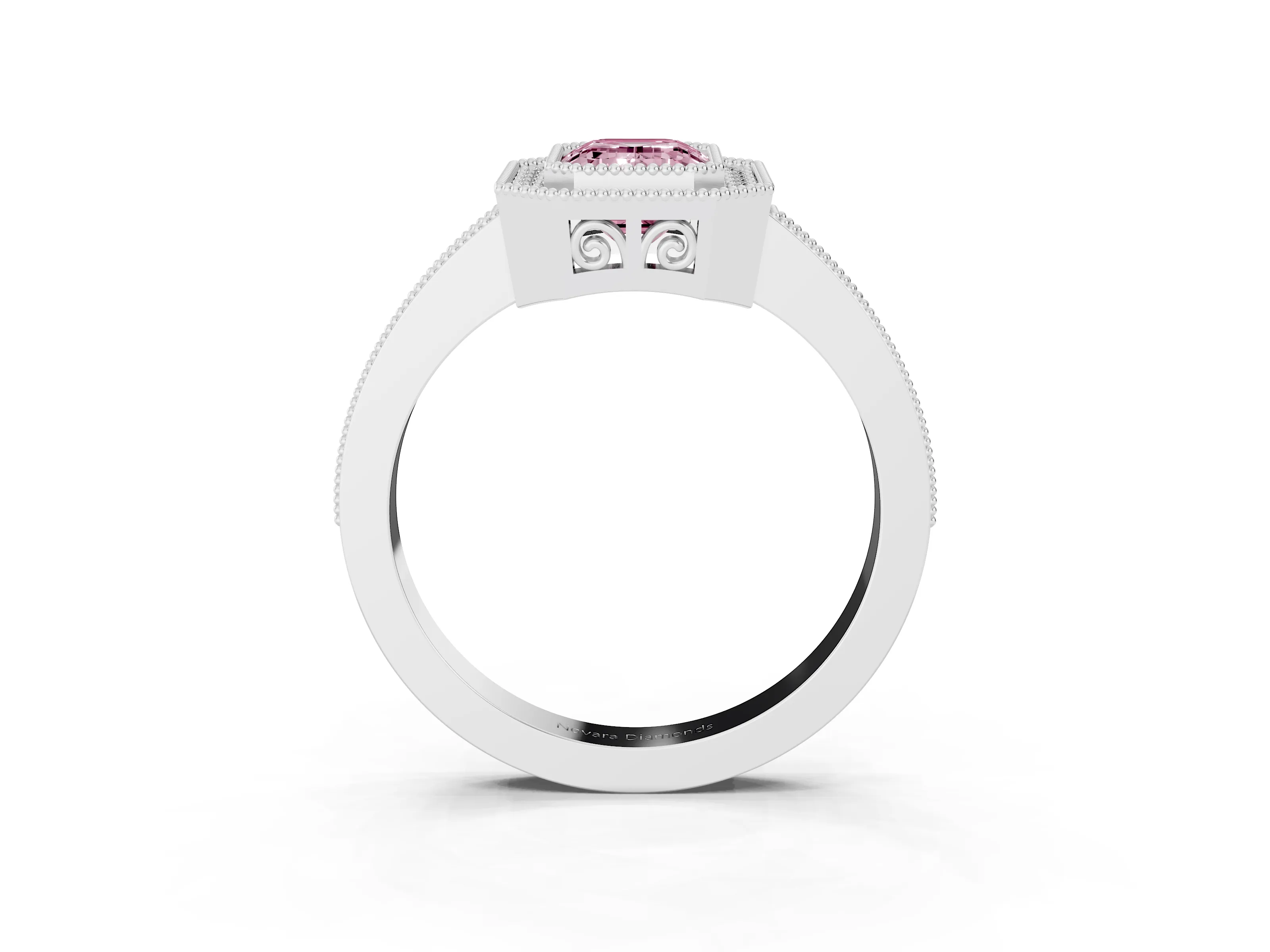 Fancy Pink Emerald Cut Diamond Round Halo Ring Set in Silver with Pavé Band