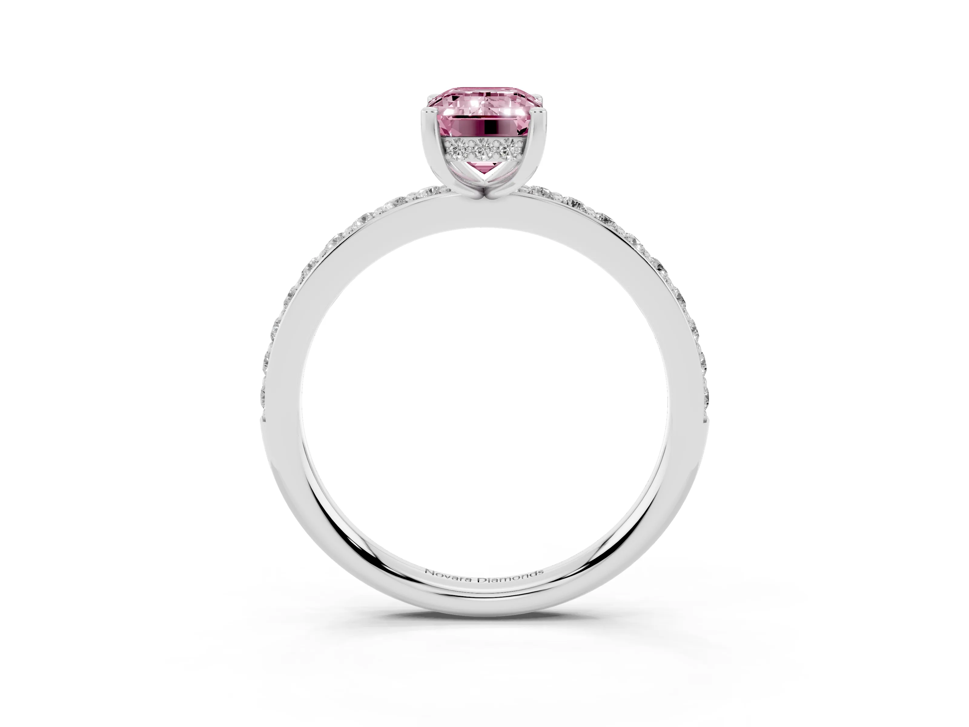 Fancy Pink Emerald Cut Diamond Pavé Band Ring Set in Platinum with Prong-Set Center Stone