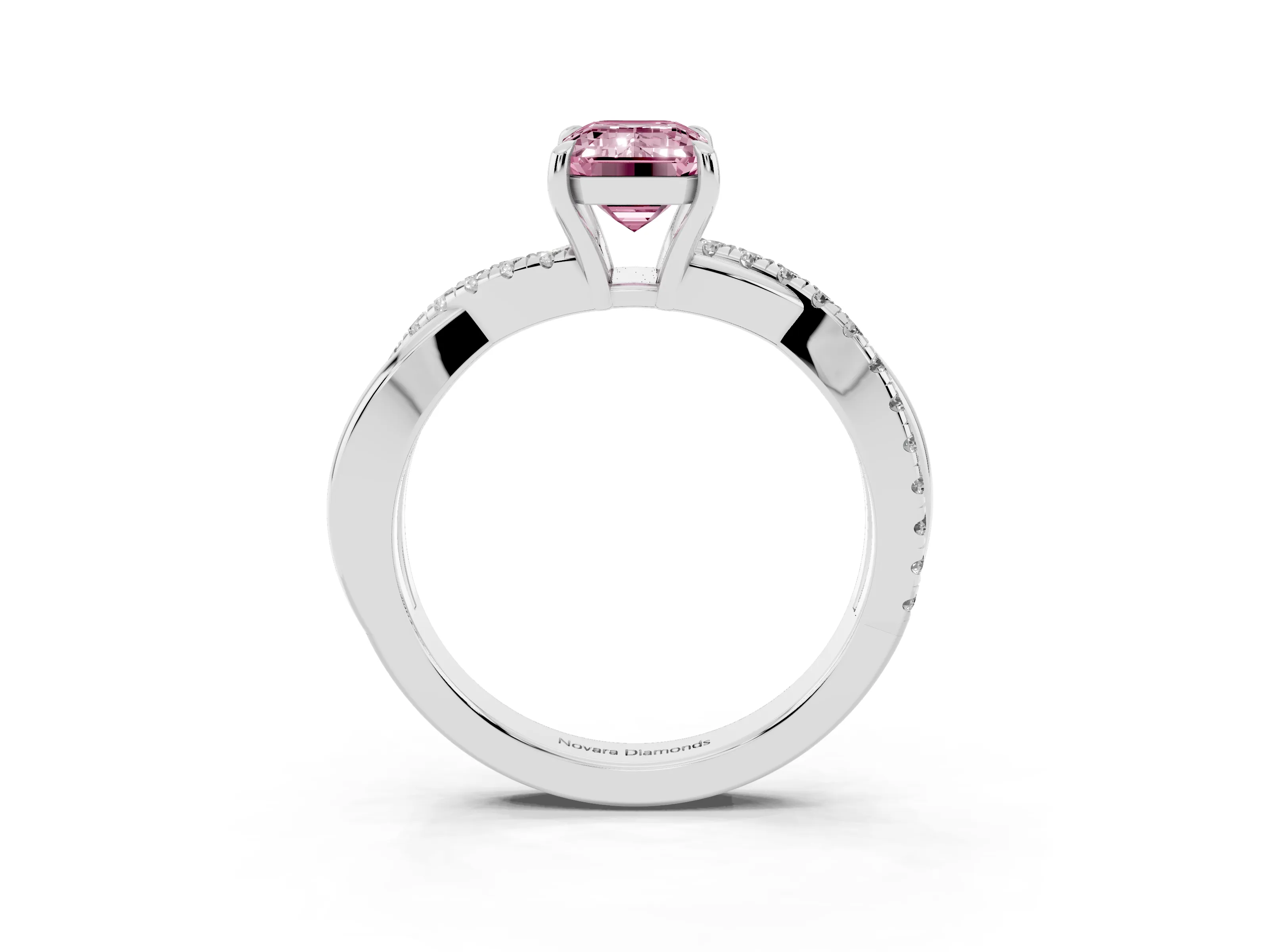 Fancy Pink Emerald Cut Diamond Twisted Pavé Band Ring Set in White gold with Prong Setting