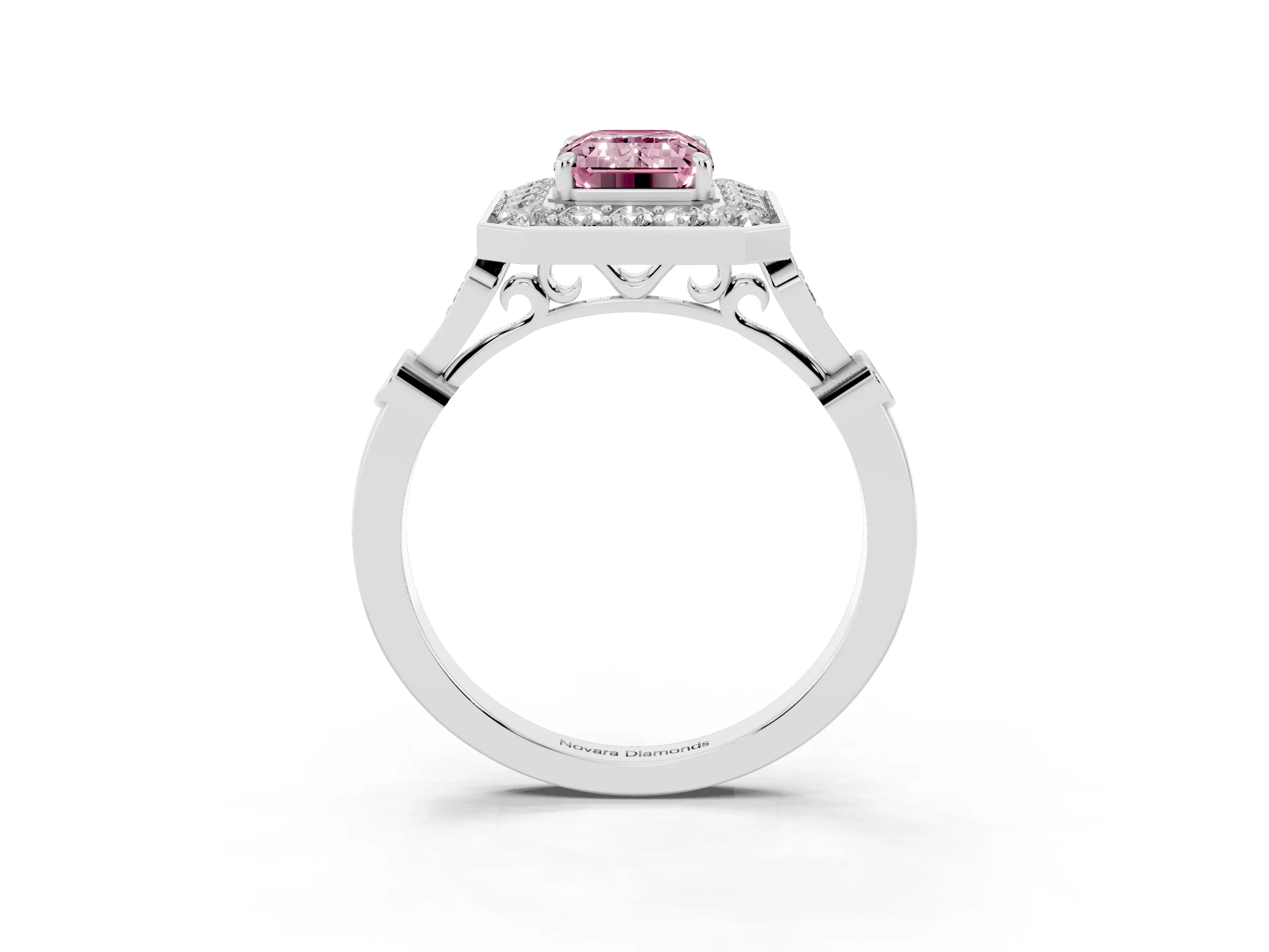 Fancy Pink Emerald Cut Diamond Halo Engagement Ring Set in Platinum with Twisted Band and Prong Setting