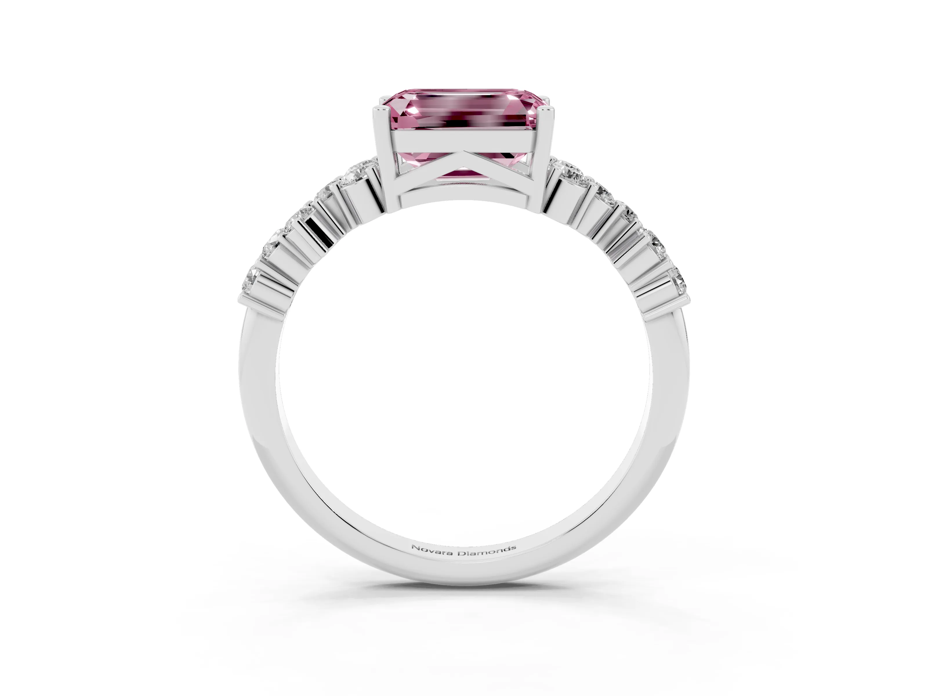 Fancy Pink Emerald Cut Diamond Ring Set in Silver with Scattered Round Accents