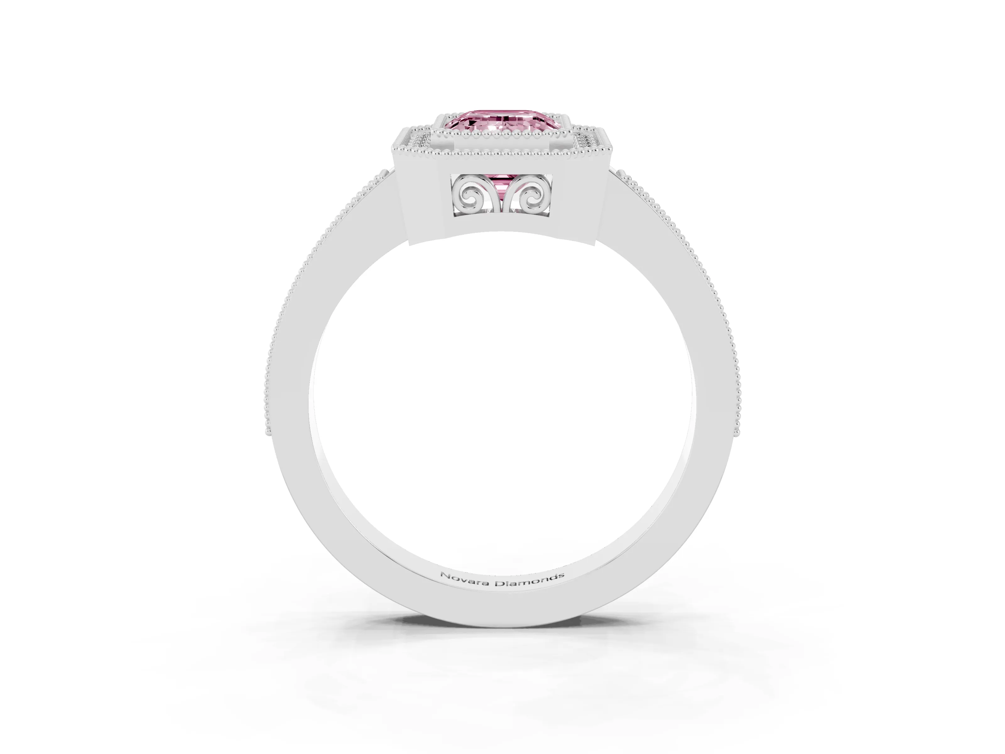 Fancy Pink Emerald Cut Diamond Halo Ring Set in White gold with Pavé Band and Milgrain-Edged Prongs