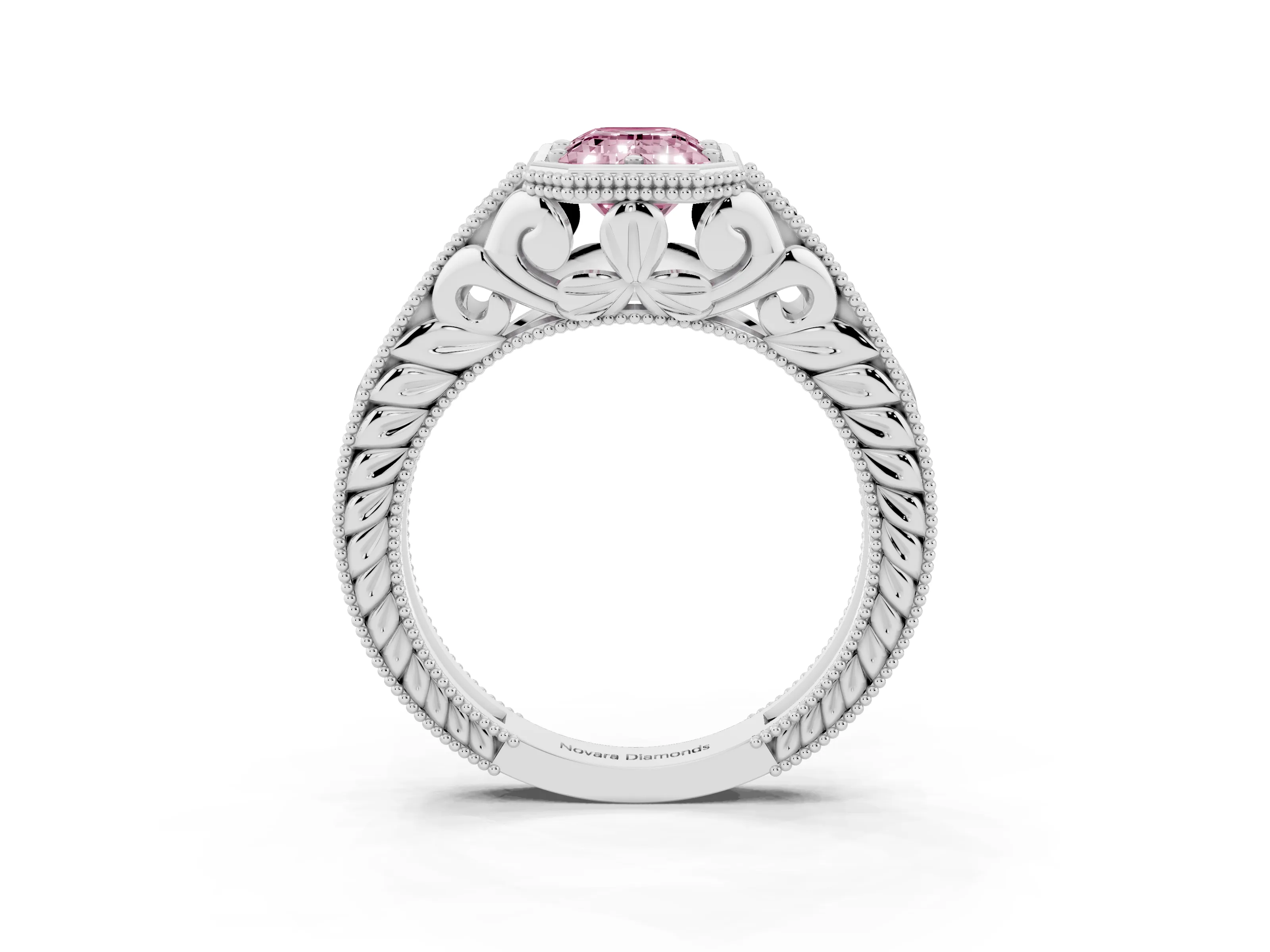 Fancy Pink Bezel Set Emerald Cut Diamond Milgrain Pavé Engagement Ring Set in Platinum