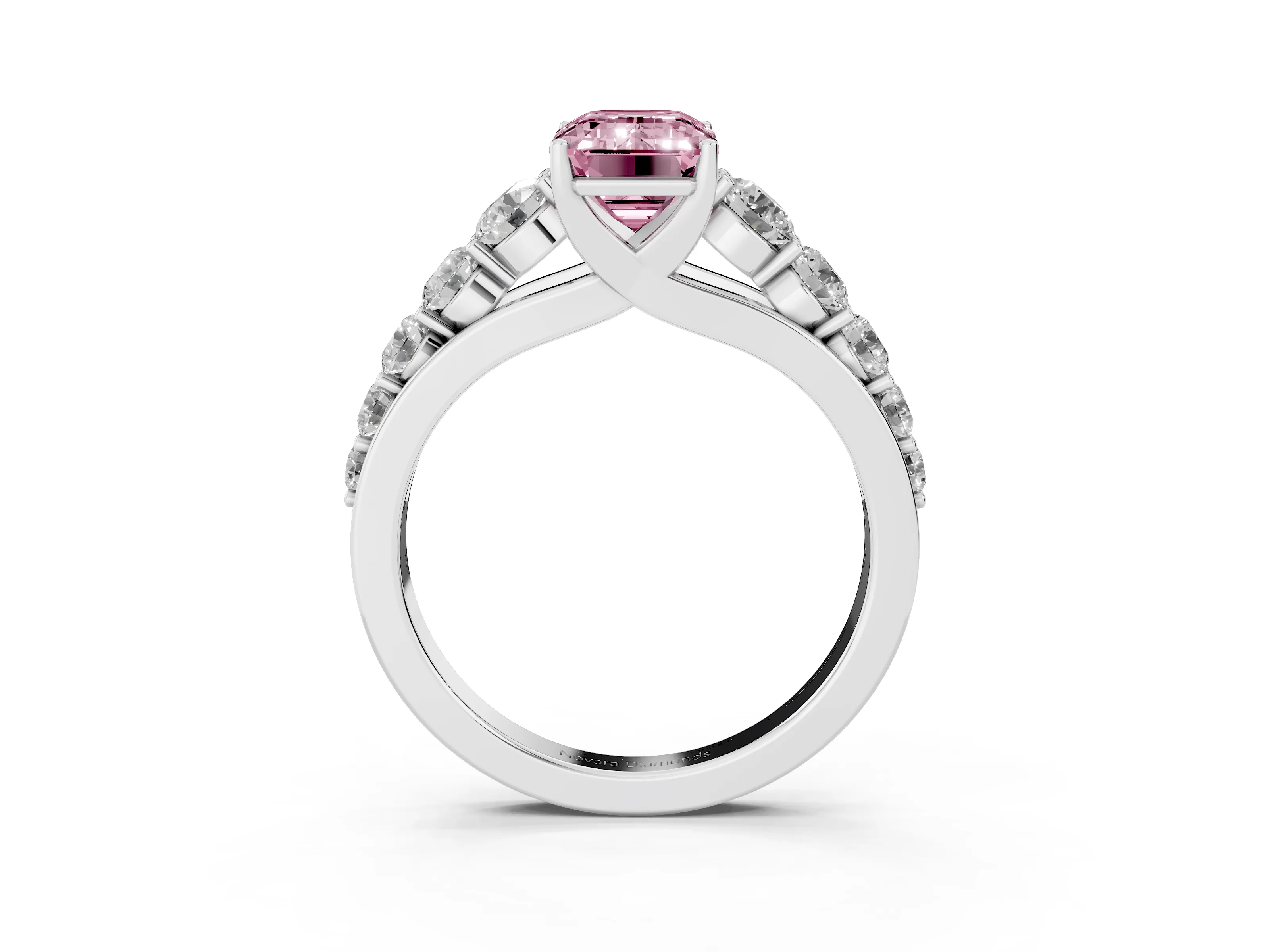 Fancy Pink Emerald Cut Diamond Solitaire Ring Set in White gold with Pavé-Set Band and Prong Setting