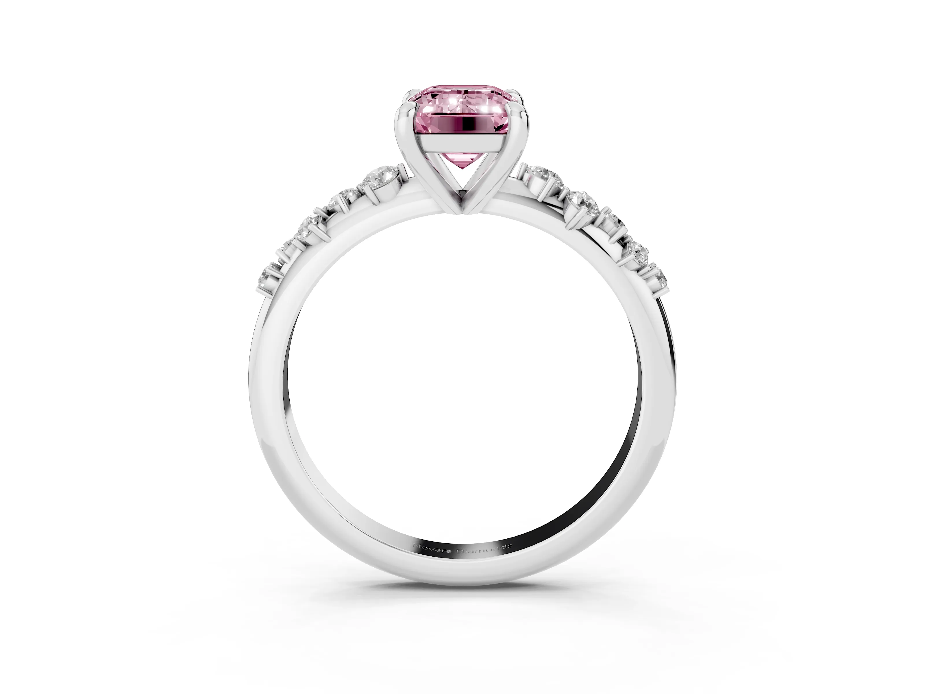 Fancy Pink Emerald Cut Diamond Solitaire Vine Band Ring Set in Silver with Round Accents and Prong Setting