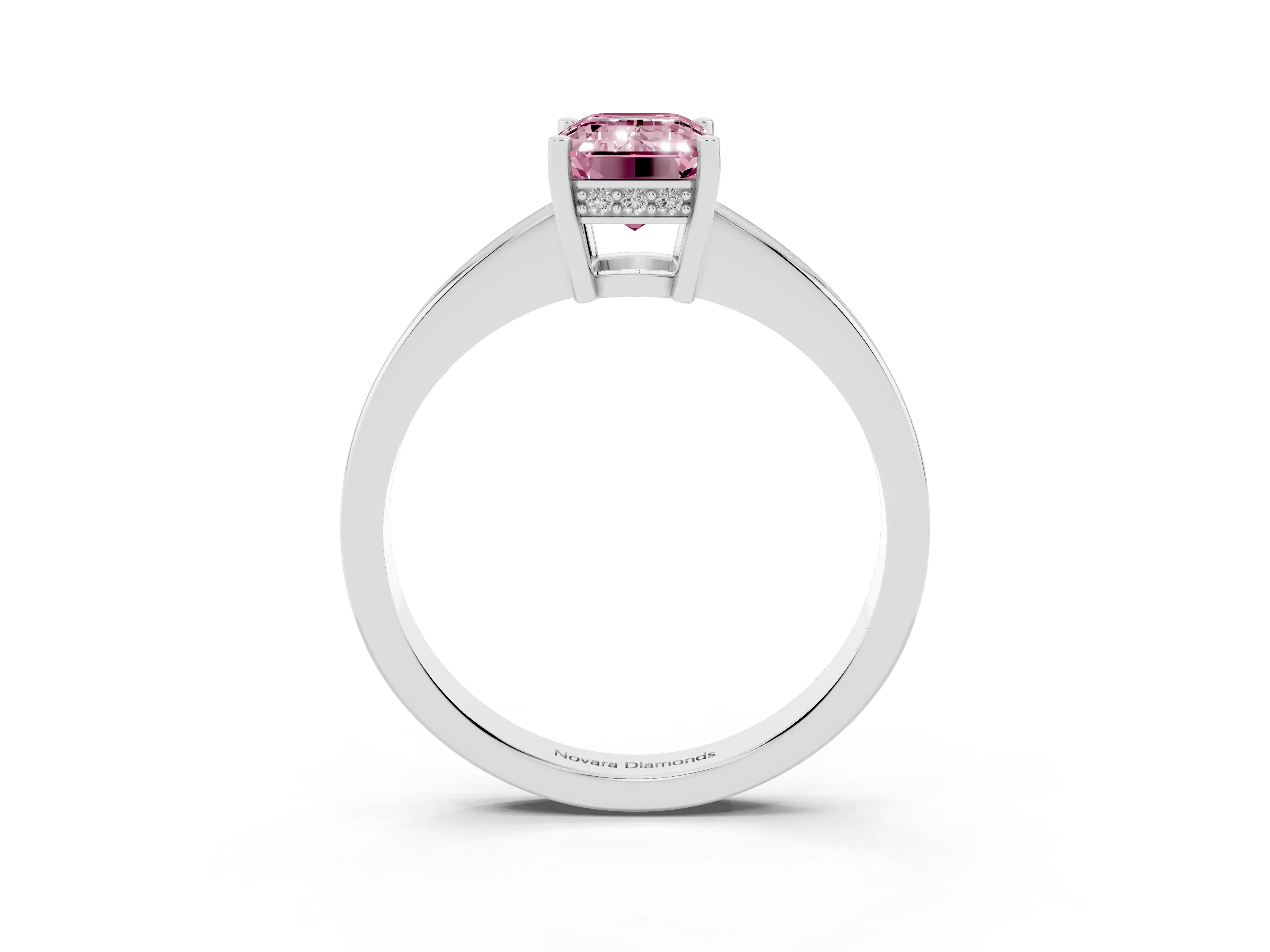 Fancy Pink Emerald Cut Diamond Pavé Band Prong Set Solitaire Ring Set in White gold