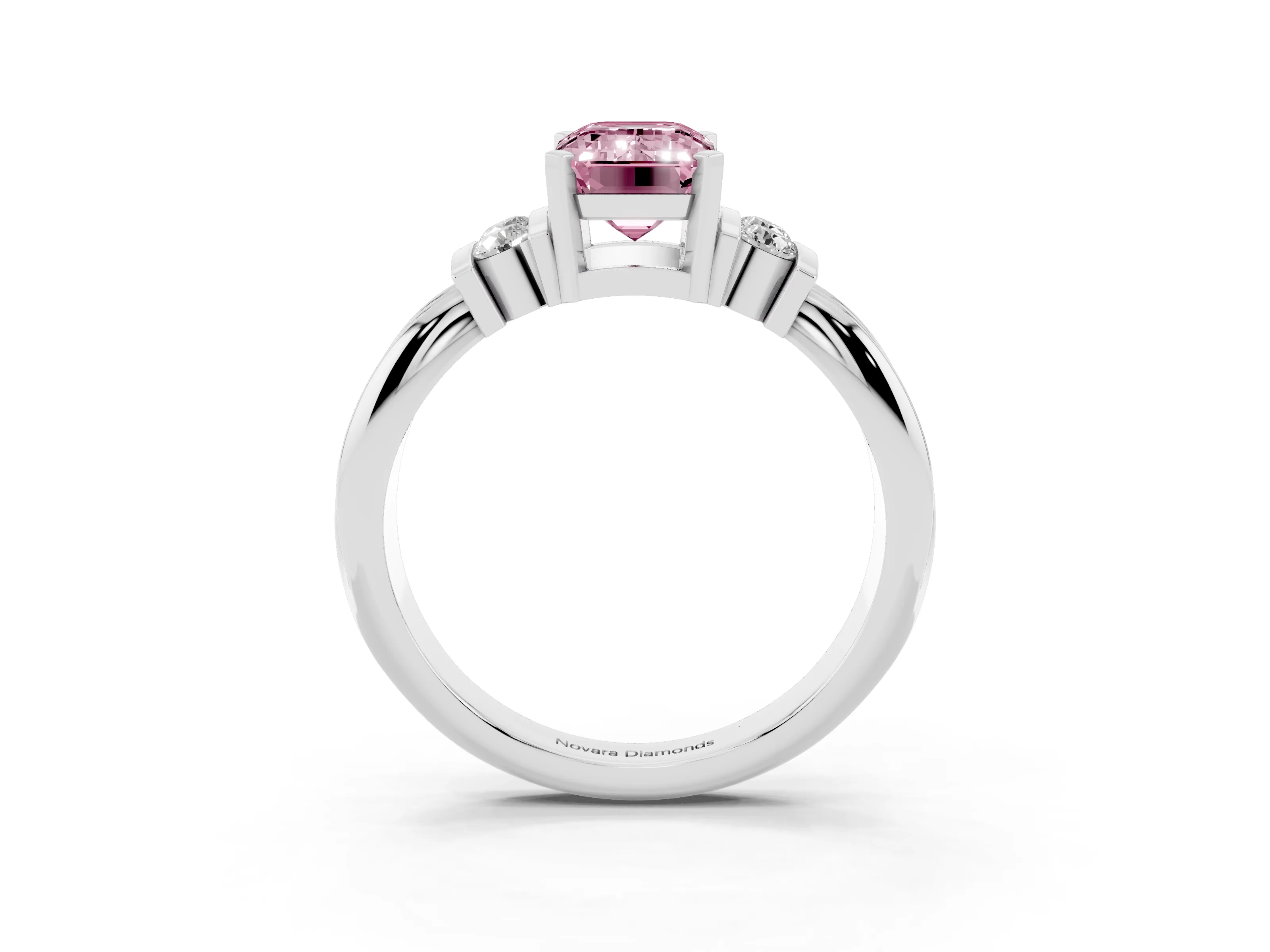 Fancy Pink Three-Stone Emerald Cut Diamond Channel Set Ring Set in White gold with Bar Prongs
