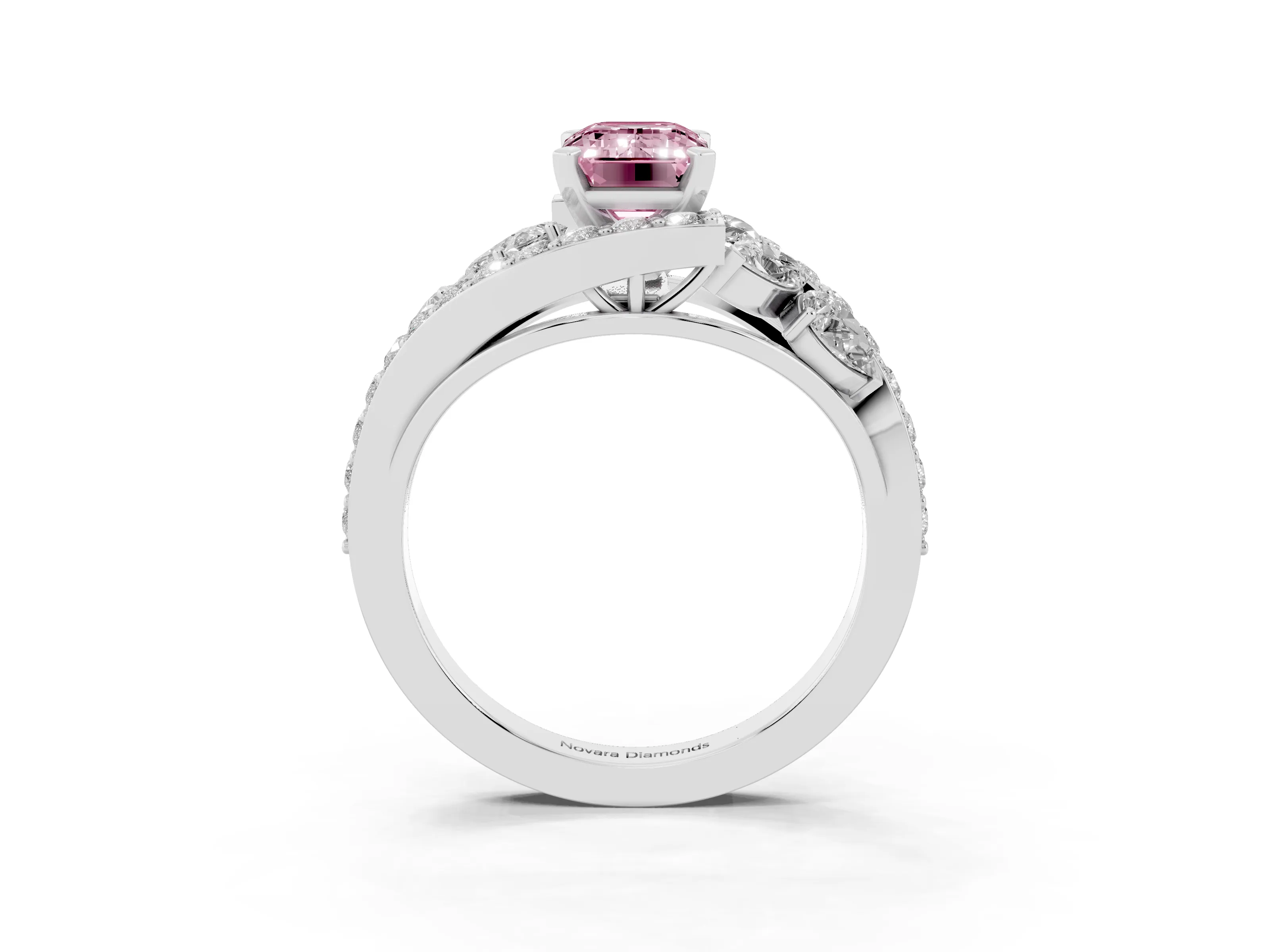 Fancy Pink Emerald Cut Diamond Halo Ring Set in Platinum with Marquise and Pavé Band in Prong Setting