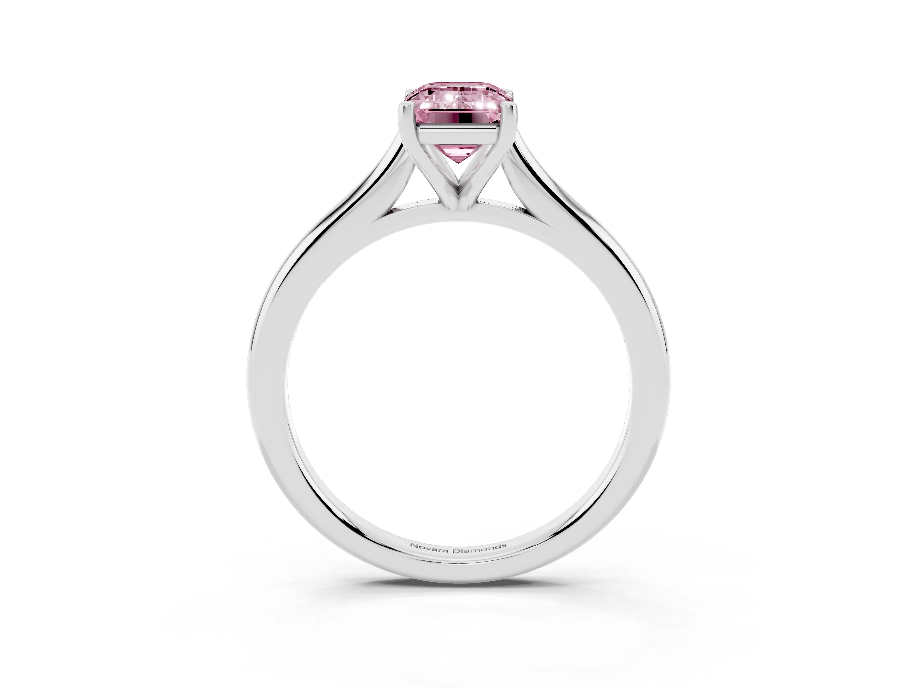 Fancy Pink Emerald Cut Diamond Solitaire Ring Set in White gold with Cathedral Band and Prong Setting