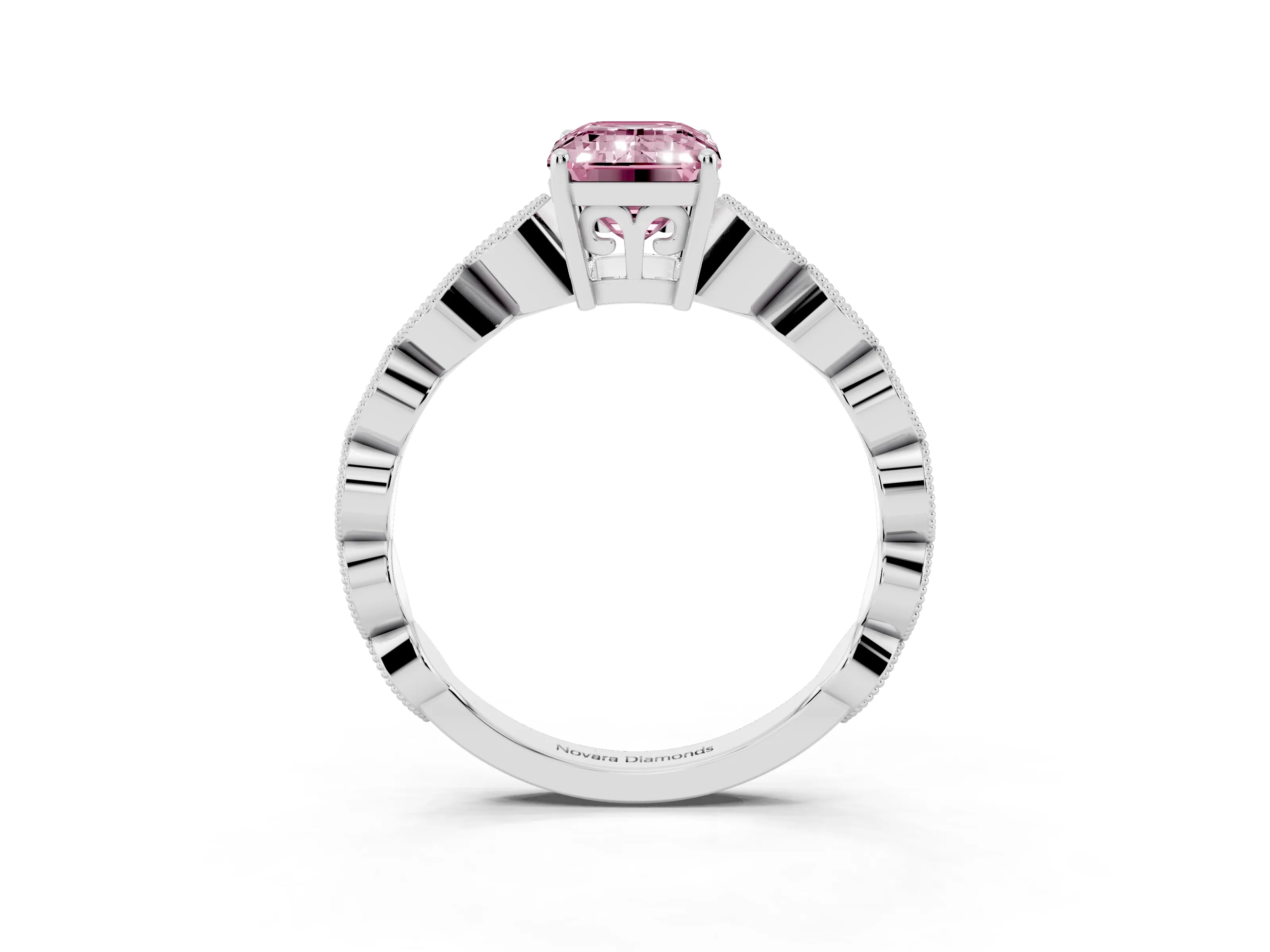Fancy Pink Emerald Cut Diamond Solitaire Ring Set in Silver with Infinity Twist Pavé Band