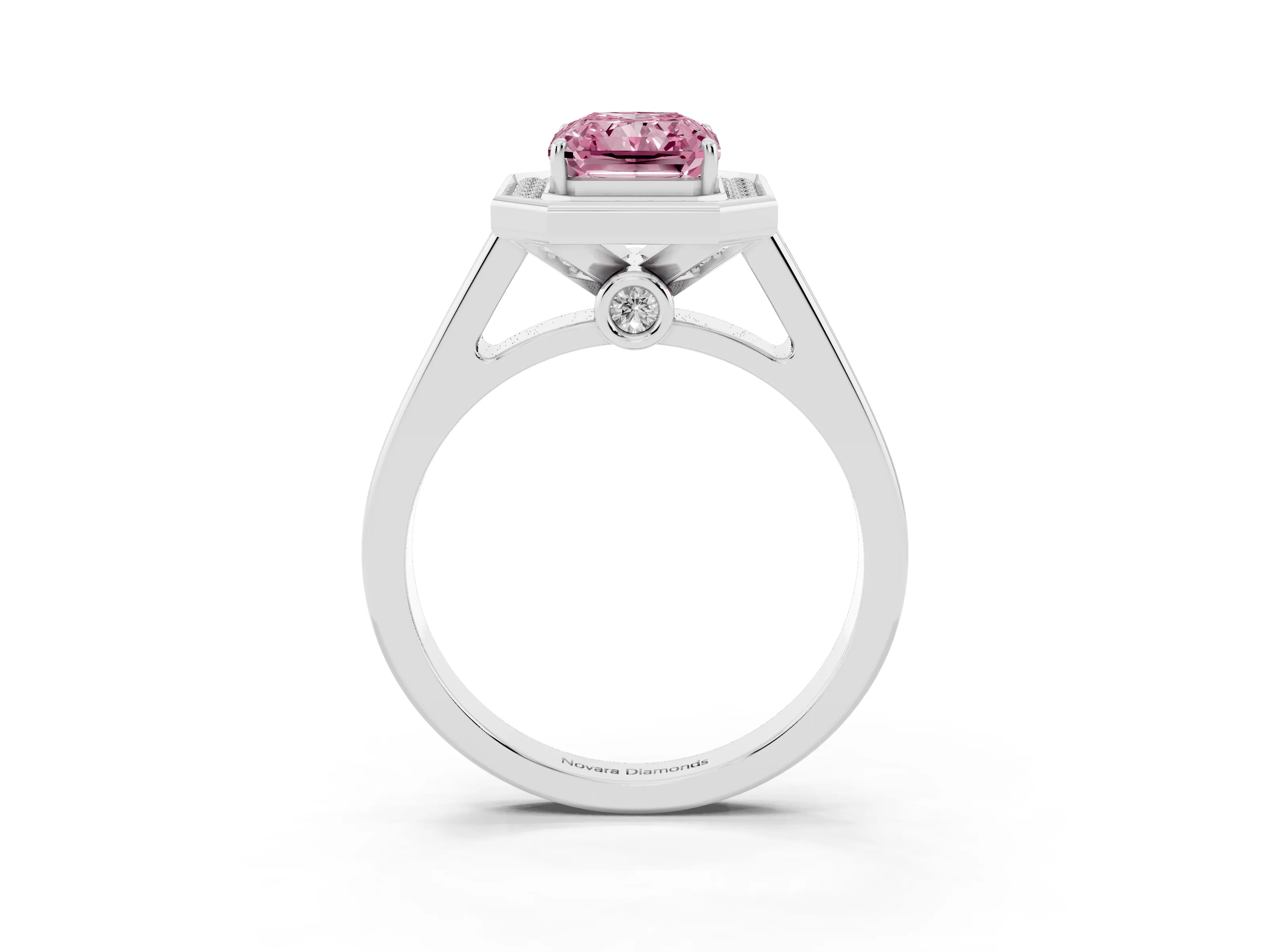 Fancy Pink Emerald Cut Diamond Halo Solitaire Ring Set in Platinum with Pavé Band and Bezel Setting