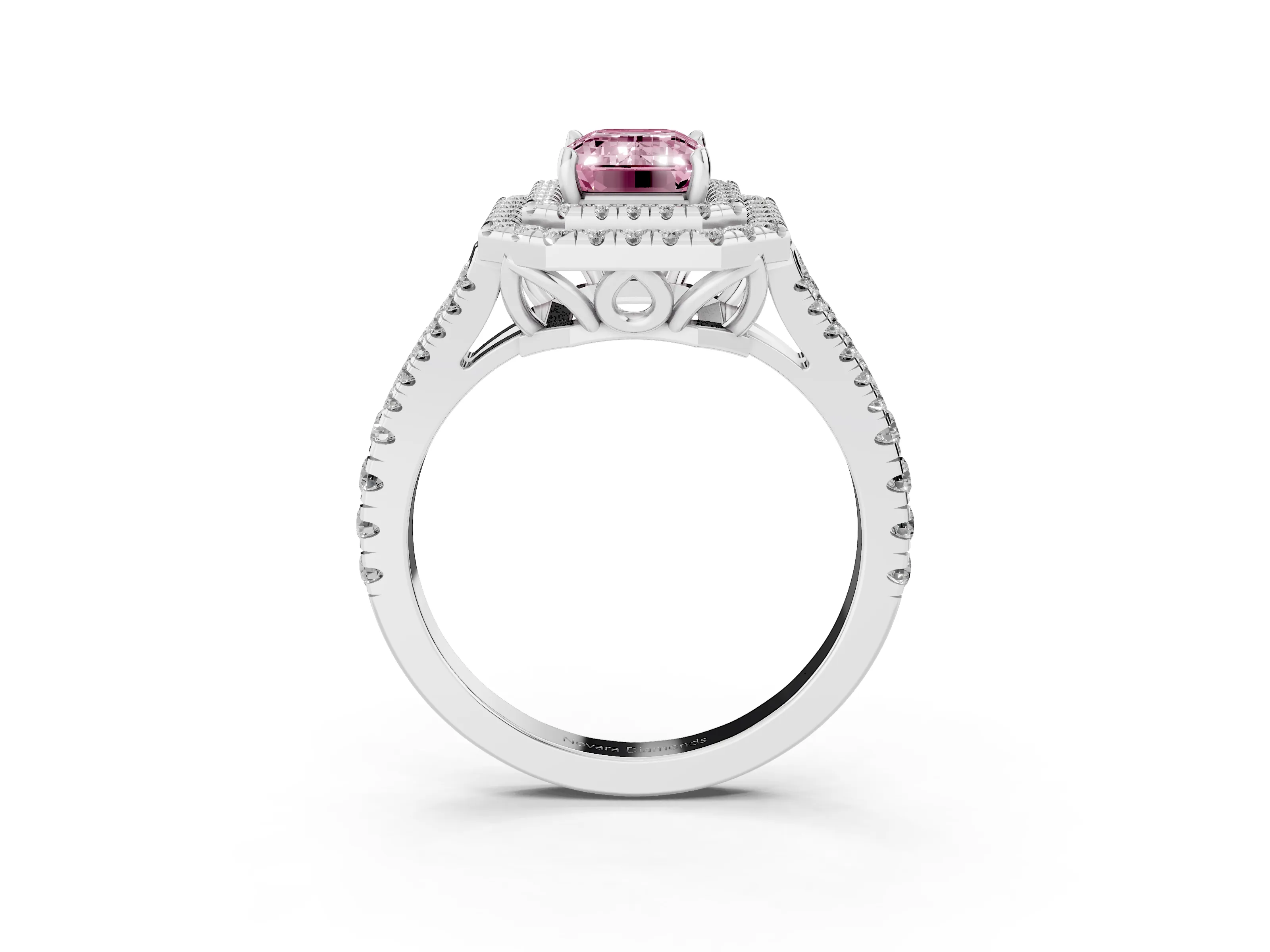 Fancy Pink Emerald Cut Diamond Double Halo Ring Set in Silver with Pavé Band