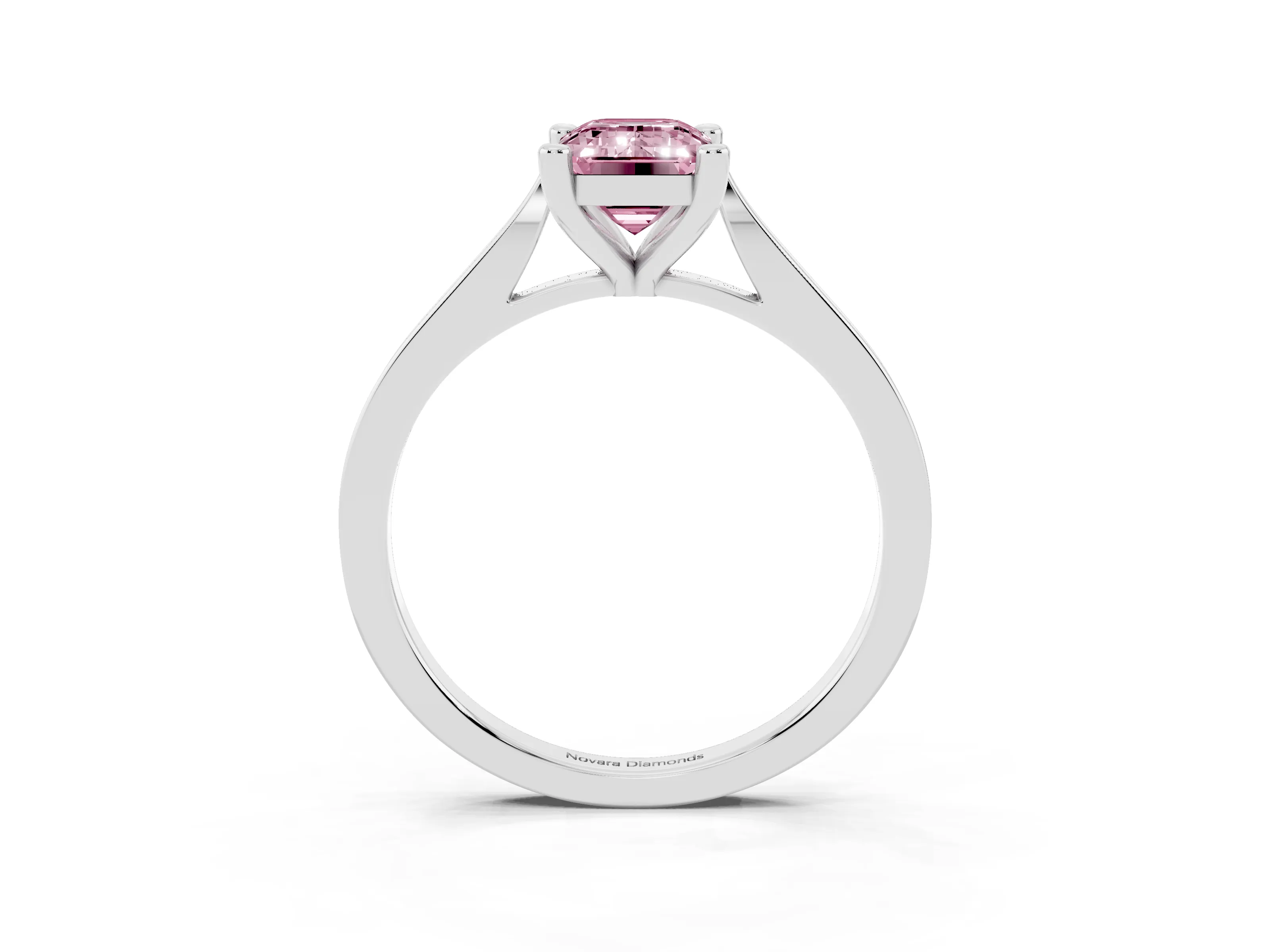 Fancy Pink Emerald Cut Diamond Solitaire Ring Set in Silver with Prong Setting and Tapered Band