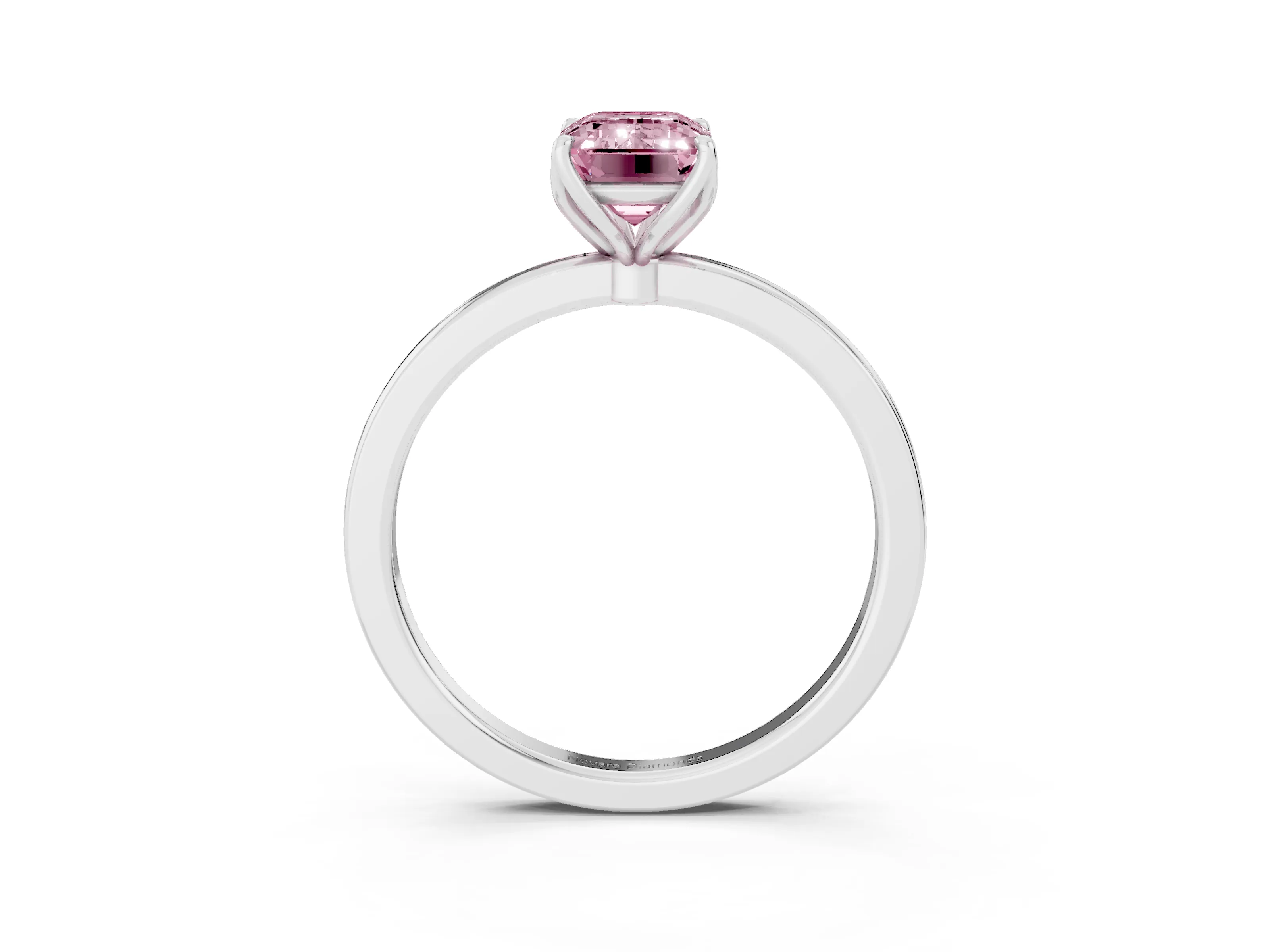 Fancy Pink Emerald Cut Diamond Solitaire Ring Set in White gold with Prong Setting and Thin Polished Band