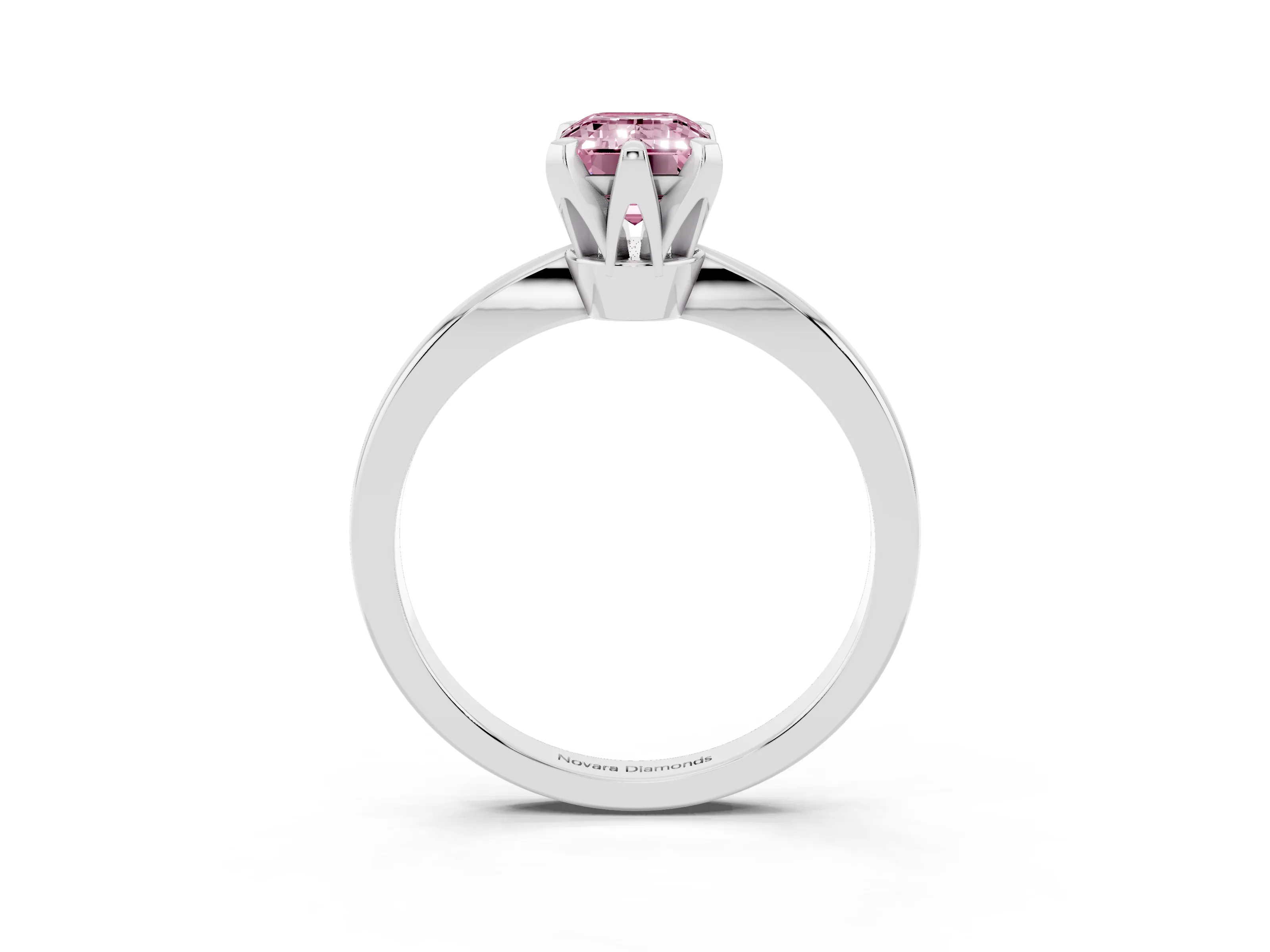 Fancy Pink Emerald Cut Diamond Solitaire Engagement Ring Set in White gold with Slim Tapered Solitaire Band