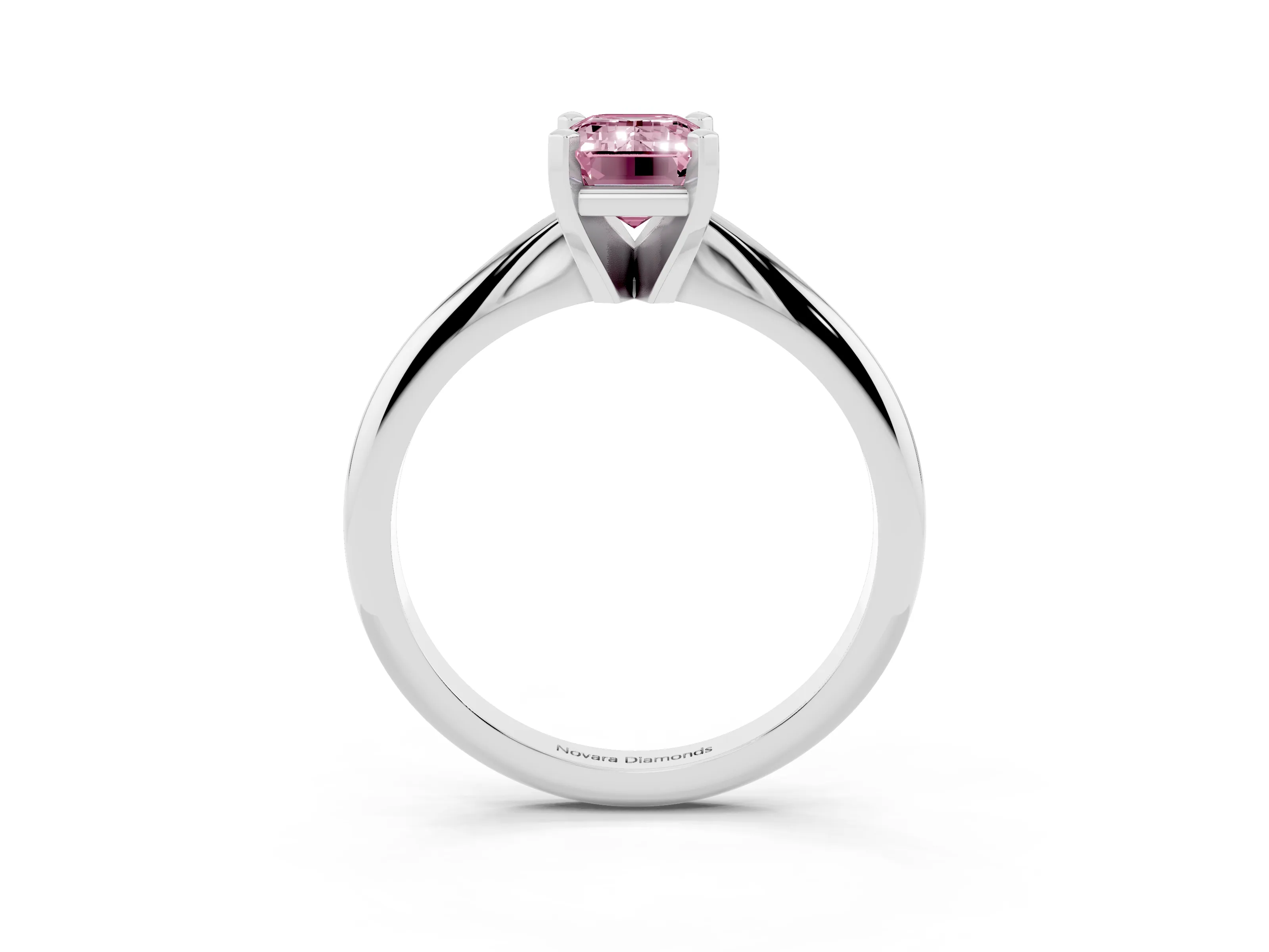 Fancy Pink Emerald Cut Diamond Solitaire Ring Set in Silver with Prong Setting on a Plain Round Band