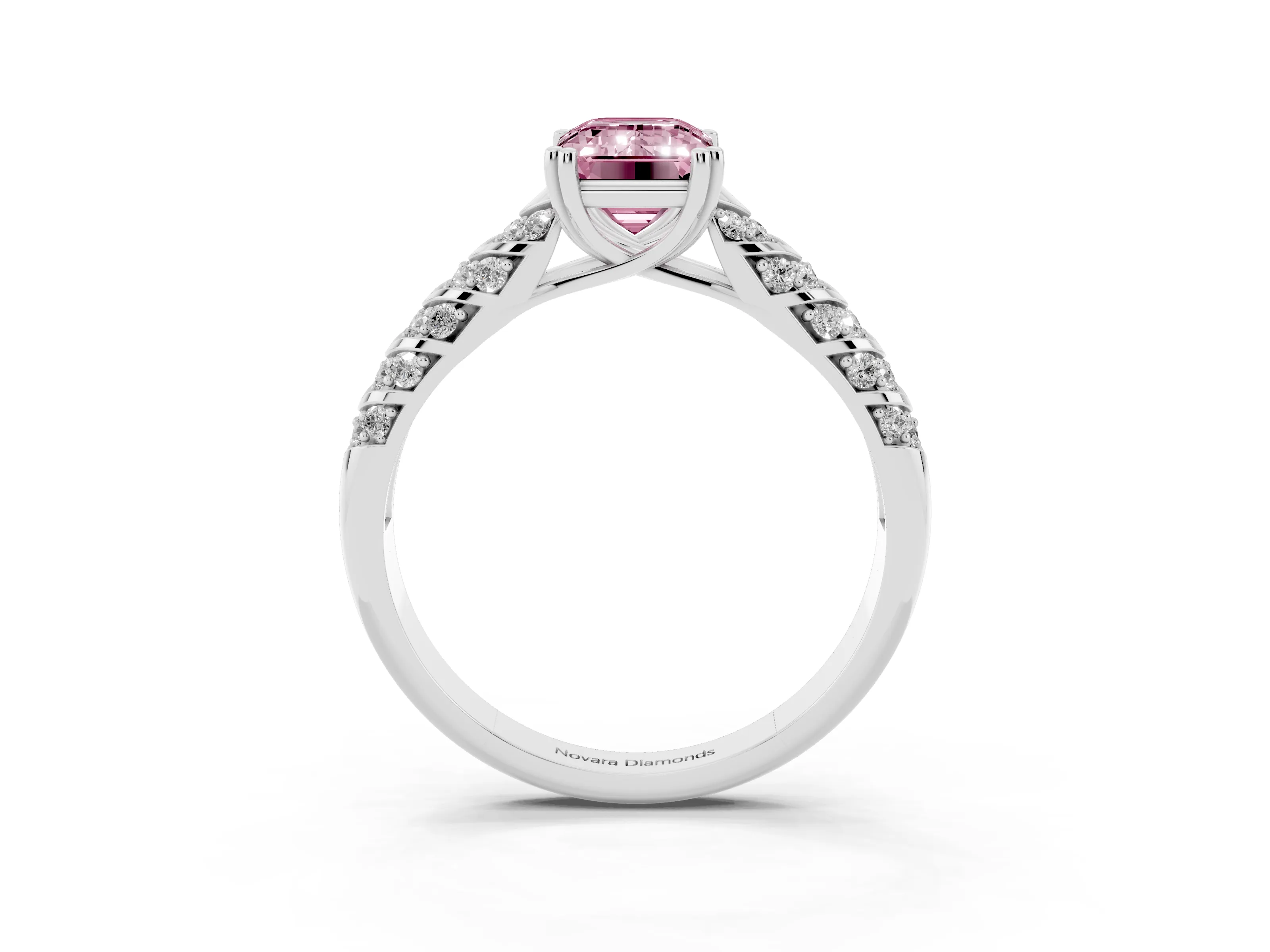 Fancy Pink Emerald Cut Diamond Solitaire Chevron Pavé Engagement Ring Set in Silver with Prong Setting